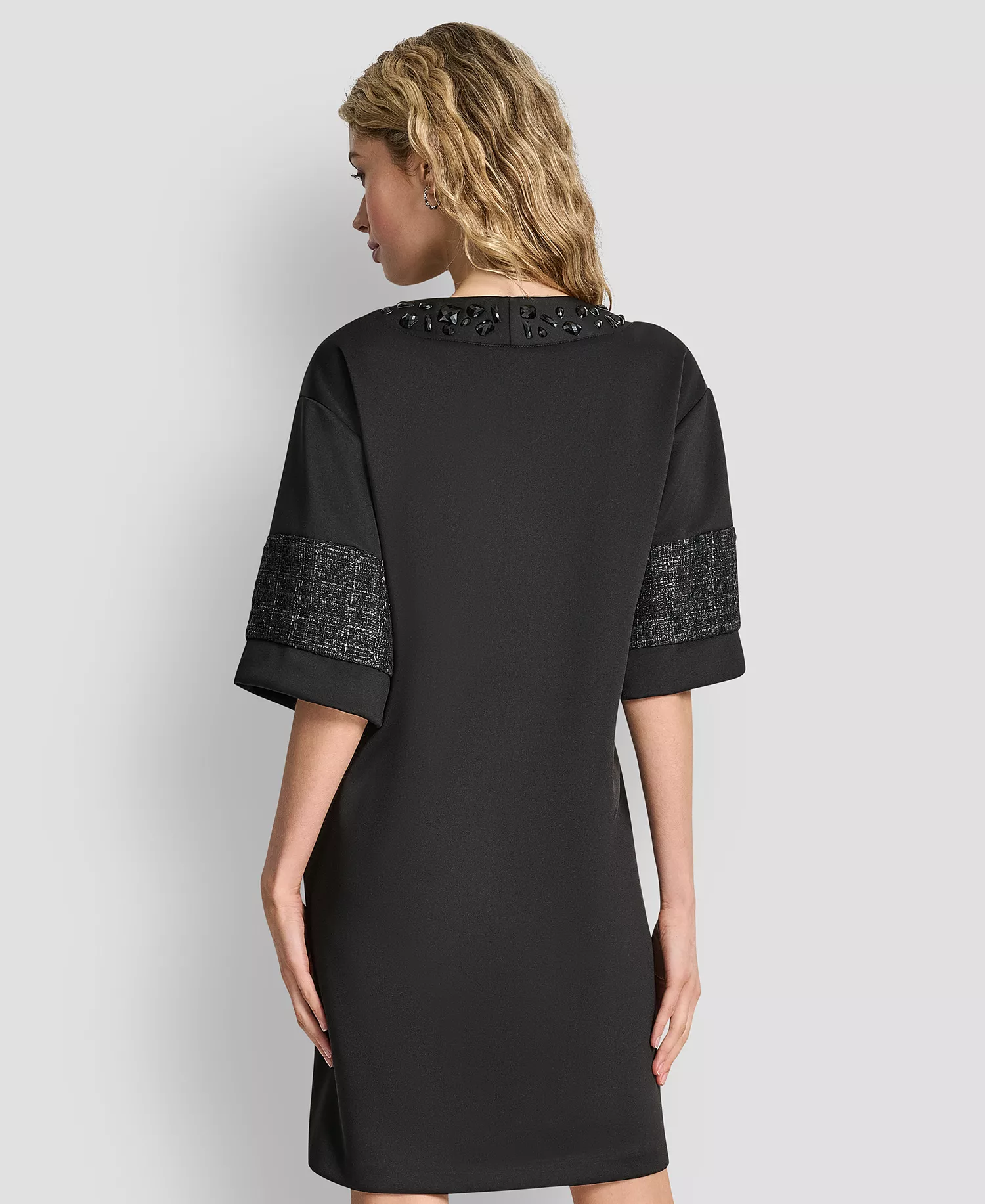 Women's Mix Media Short Sleeves Shift Dress - Black - XS