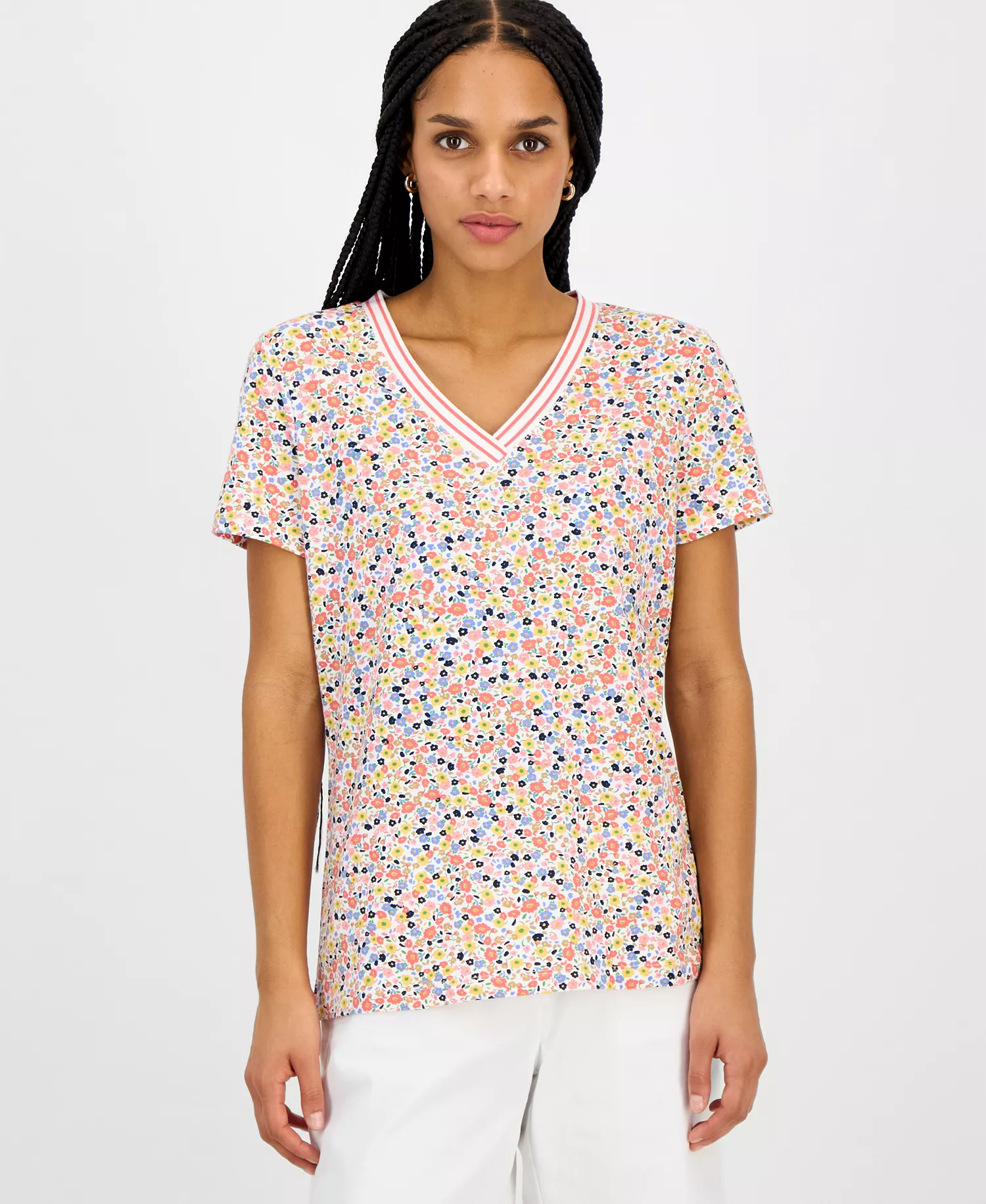 Nautica Women's Floral-Print Tipped T-Shirt - Bright White Multi - L