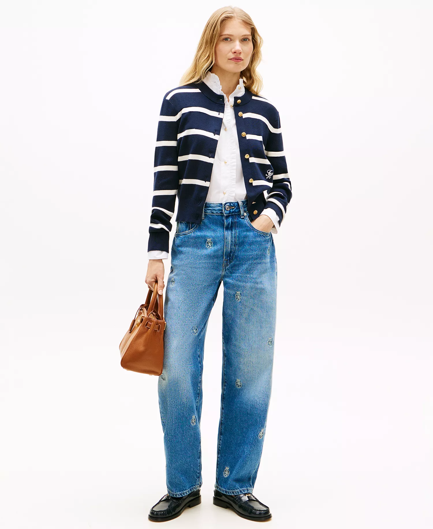 Women's Monogram Script Striped Cardigan - Big Stp Dark Night / Ivory Petal - L