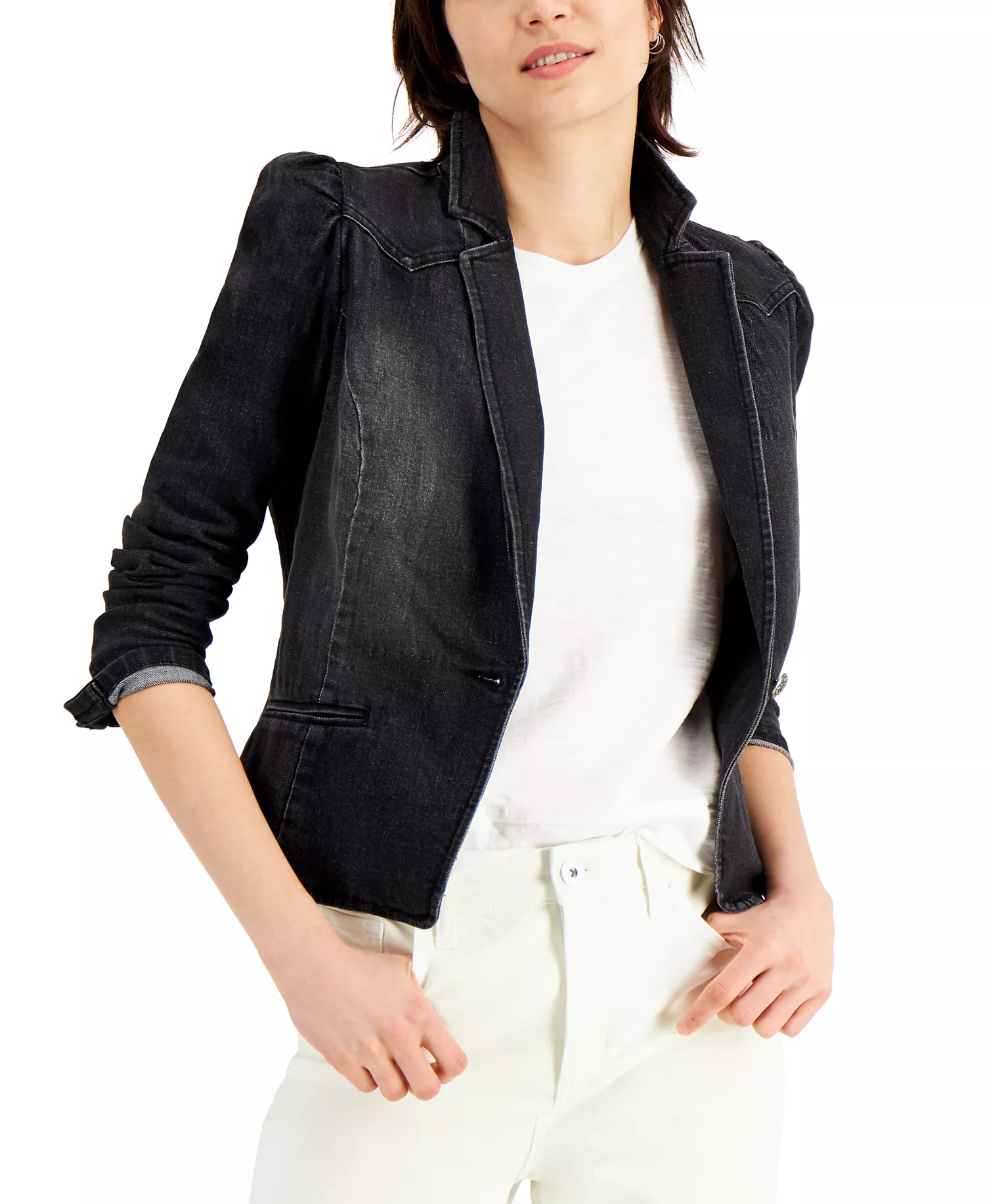 Women's Puff-Sleeve Blazer, Created for Macy's - Deep Black - L