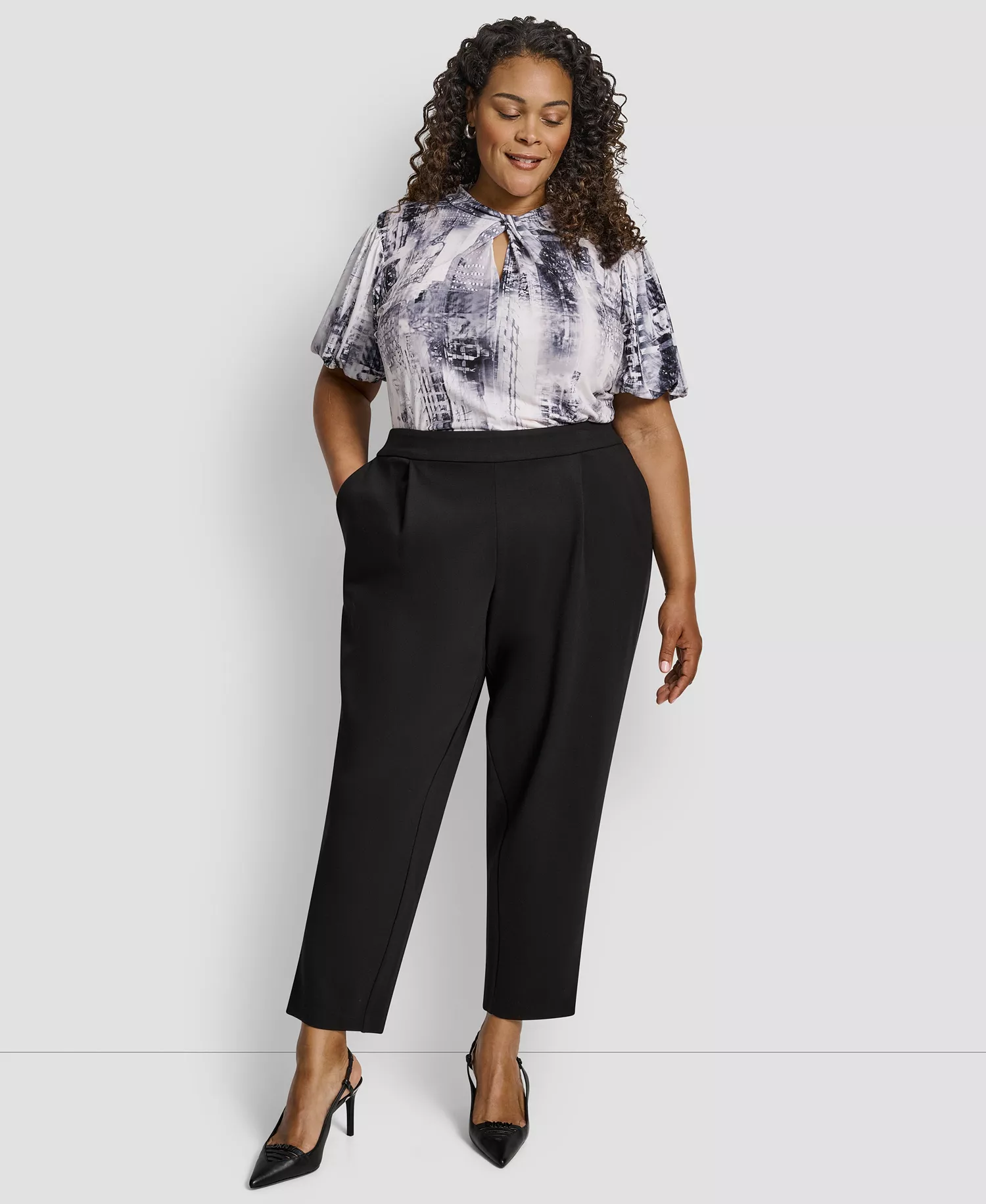 Plus Size Pleated Ponte Ankle Pants - Black - 14W