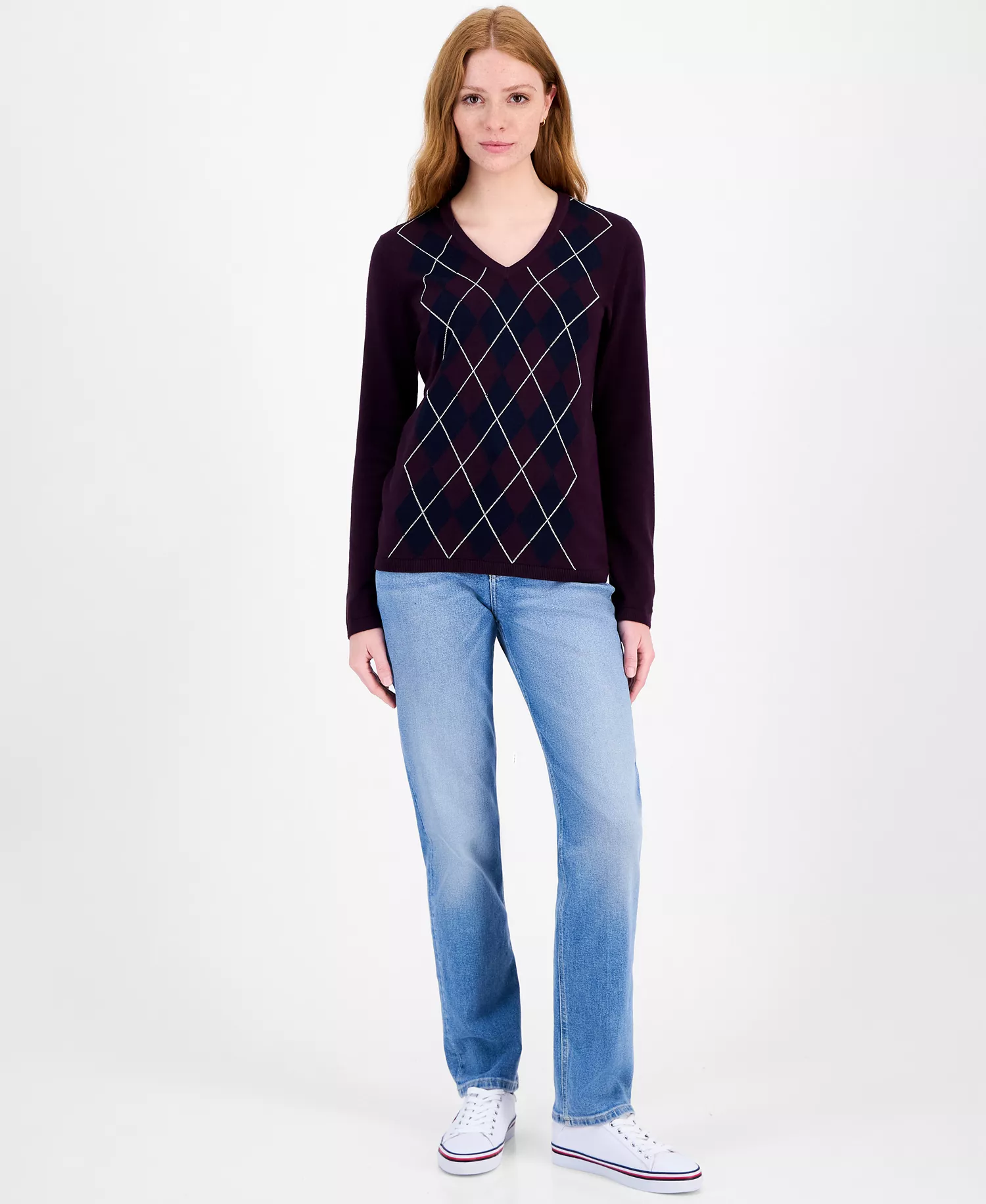 Women's Cotton Arglye Ivy Sweater - Aubergine/ Sky Captain Multi - M