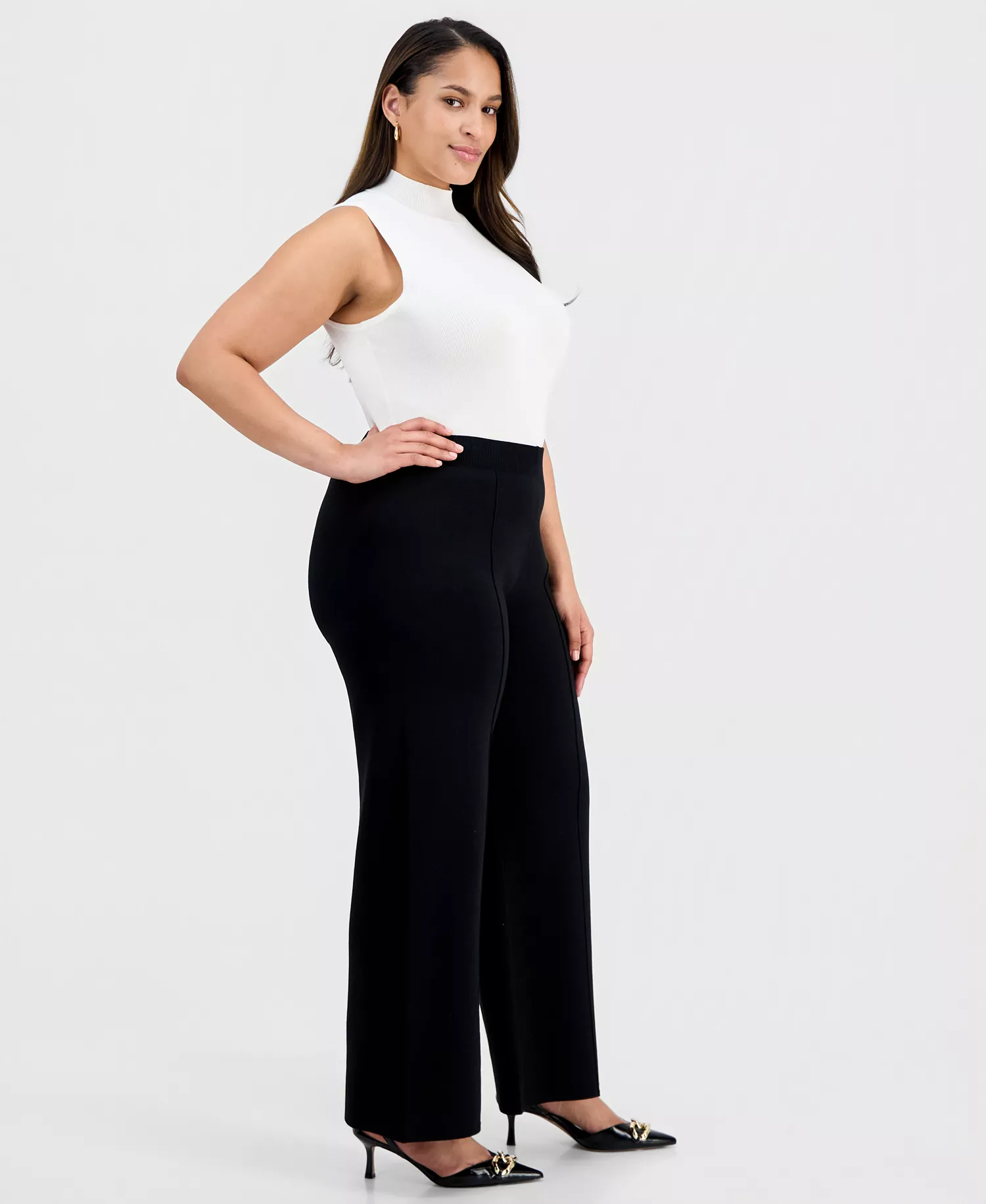 Plus Size Mid-Rise Sweater-Knit Pants  - Black - 1X