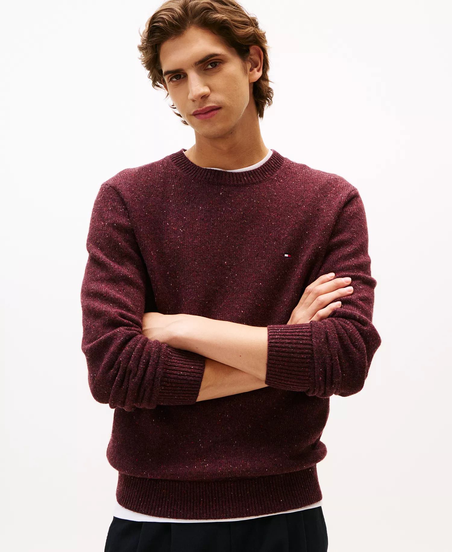 Men's Lambswool Blend Donegal Crewneck Sweater - Deep Burgundy Heather - L