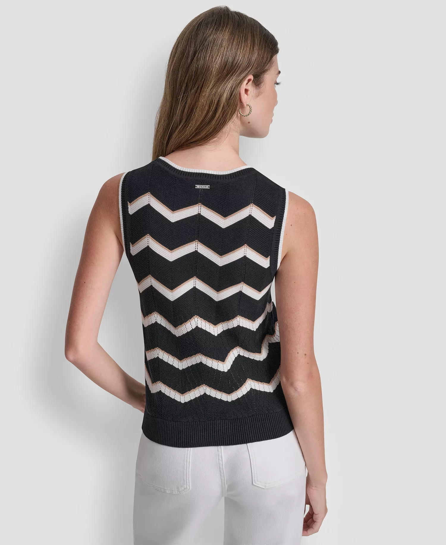 Women's Sleeveless Crew Neck Stripe Sweater - Black/ivory/teak - L