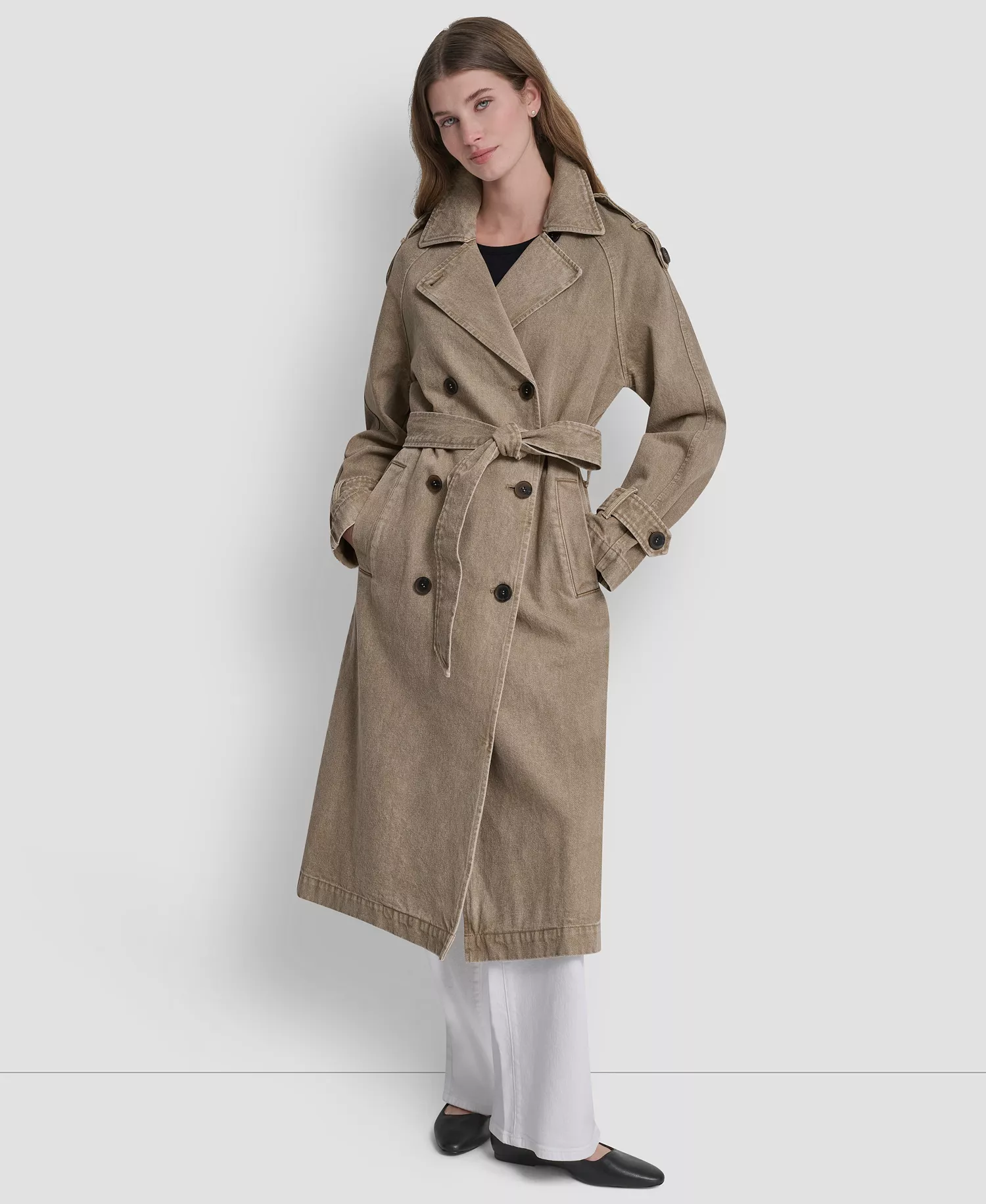 Women's Double Breasted Denim Belted Trench Coat - Khaki - L