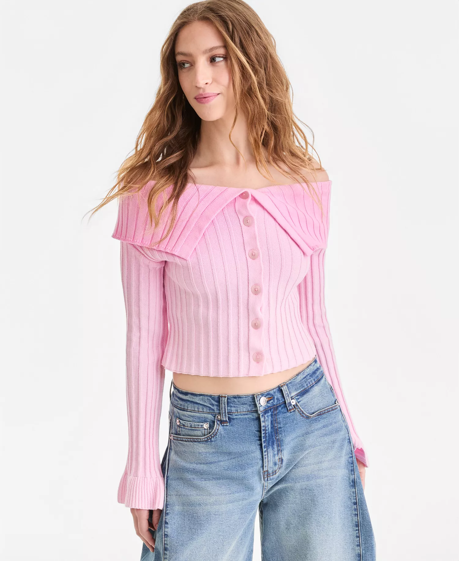 x FIT Women's Off-The-Shoulder Button-Front Sweater, Macy's Exclusive - Pink Ombre - L
