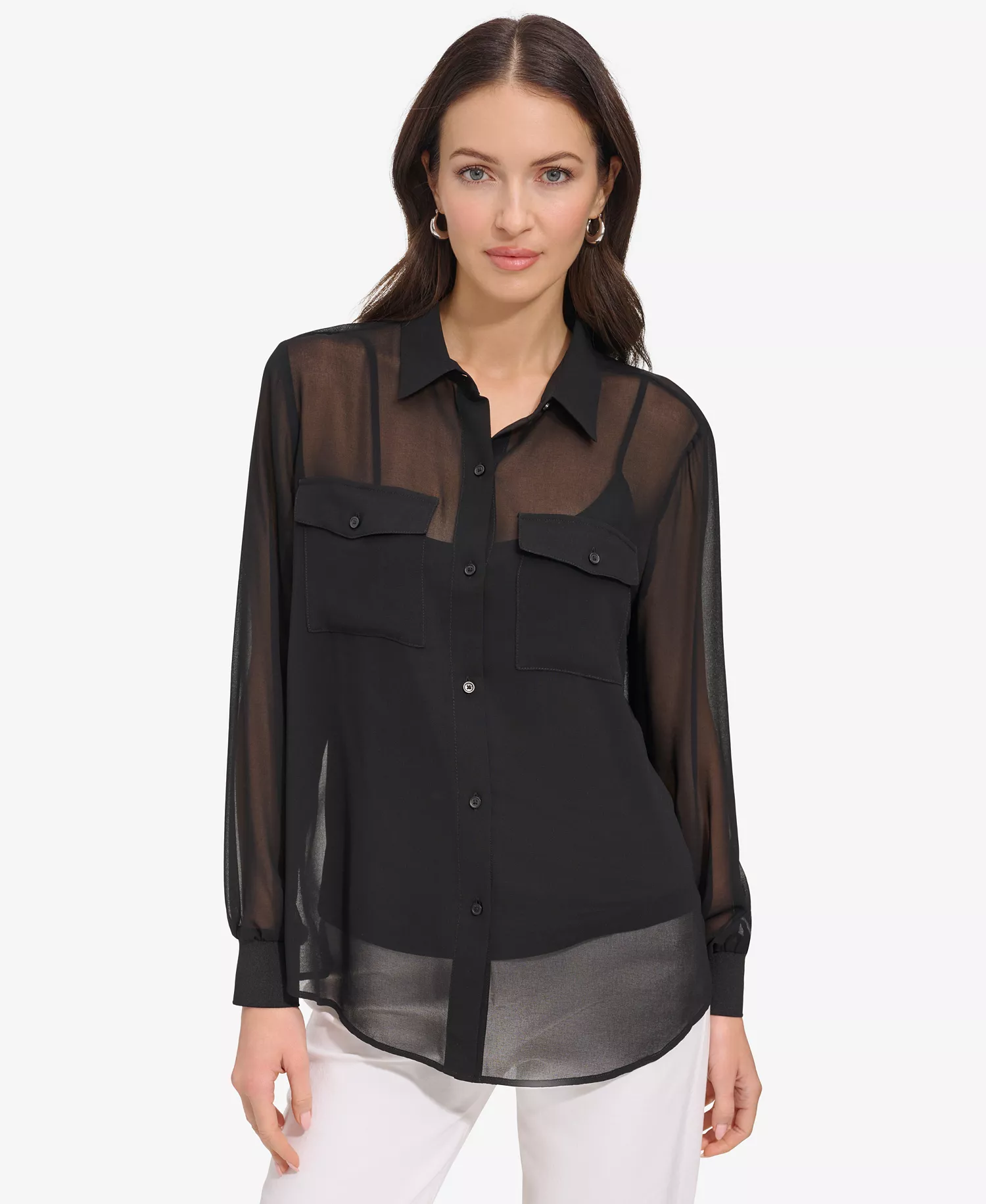 Women's Button-Down Chiffon Shirt - Black - S