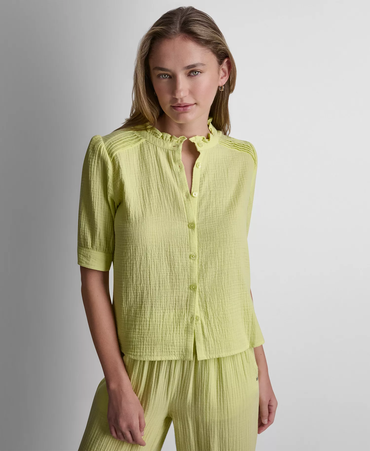 Petite Short Puff-Sleeve Button-Front Shirt - Lemon Light - PL