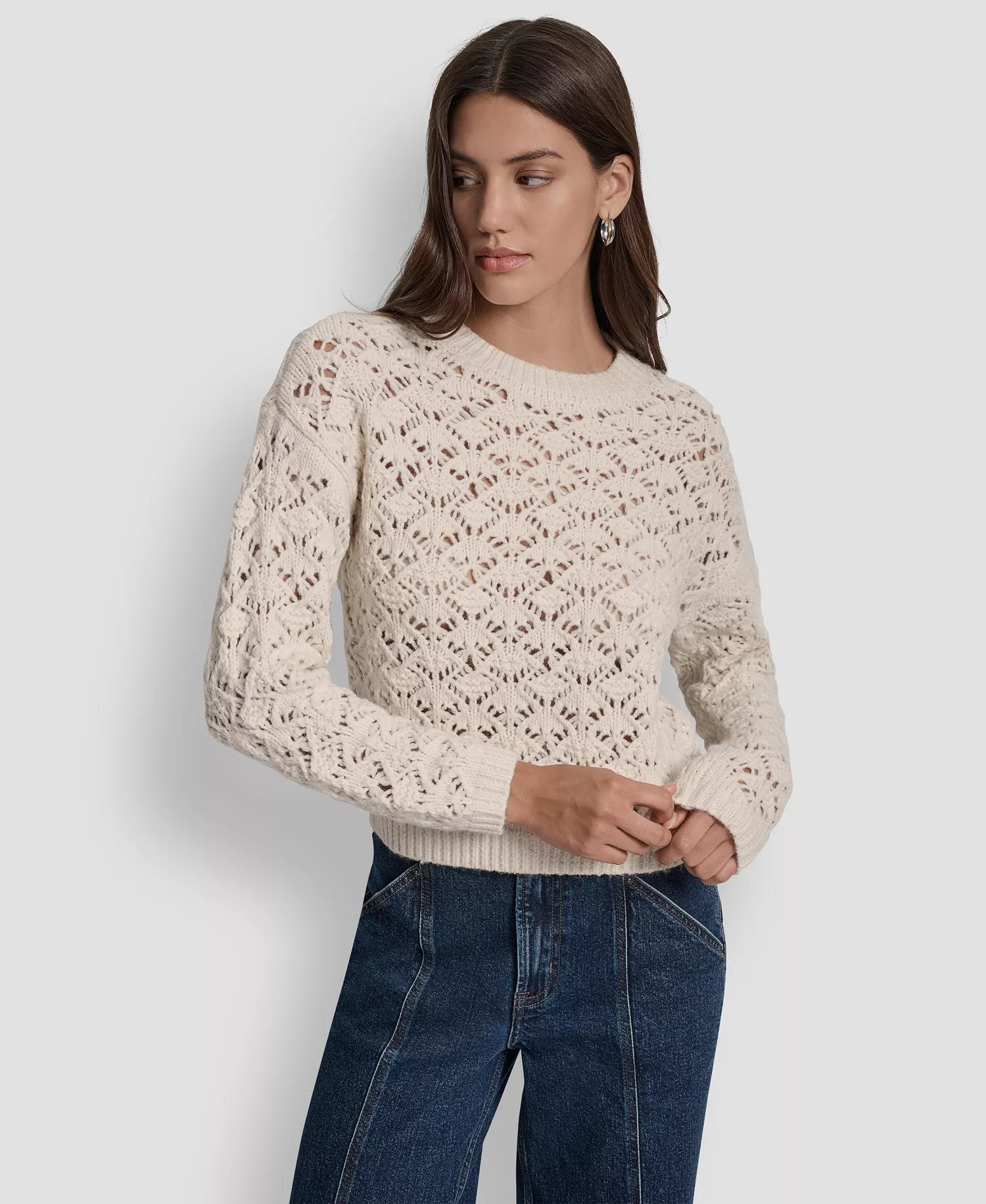 Women's Pointelle Long Sleeve Sweater - Blonde - L