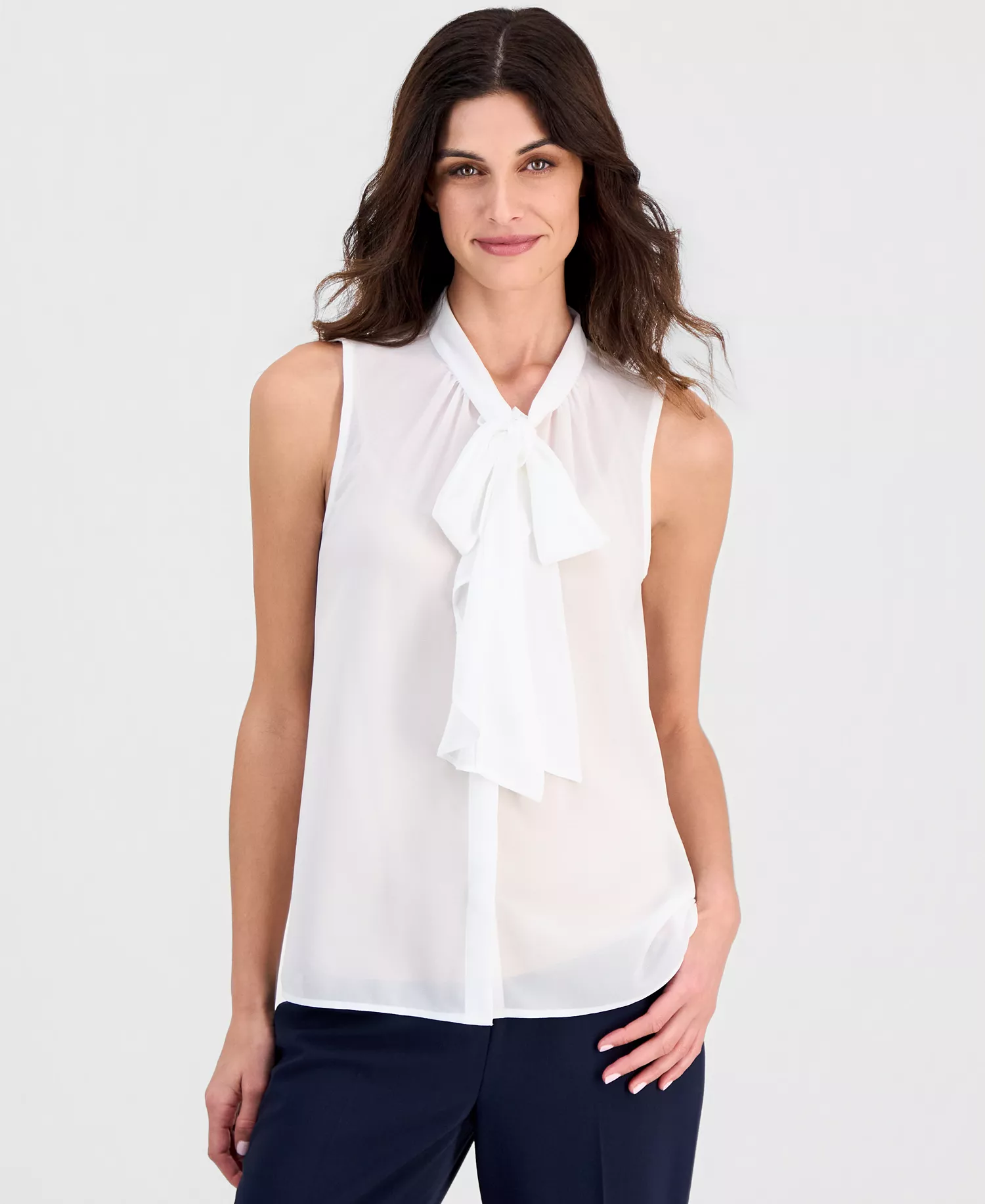 Petite Sleeveless Ruffle Bow Tie Blouse - Ivory - P/L