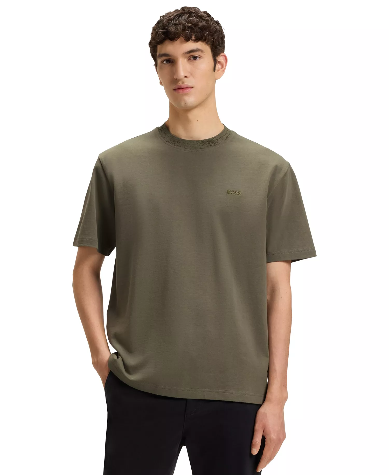 Men's Patterned Collar Cotton-Jersey T-Shirt - Open Green - L