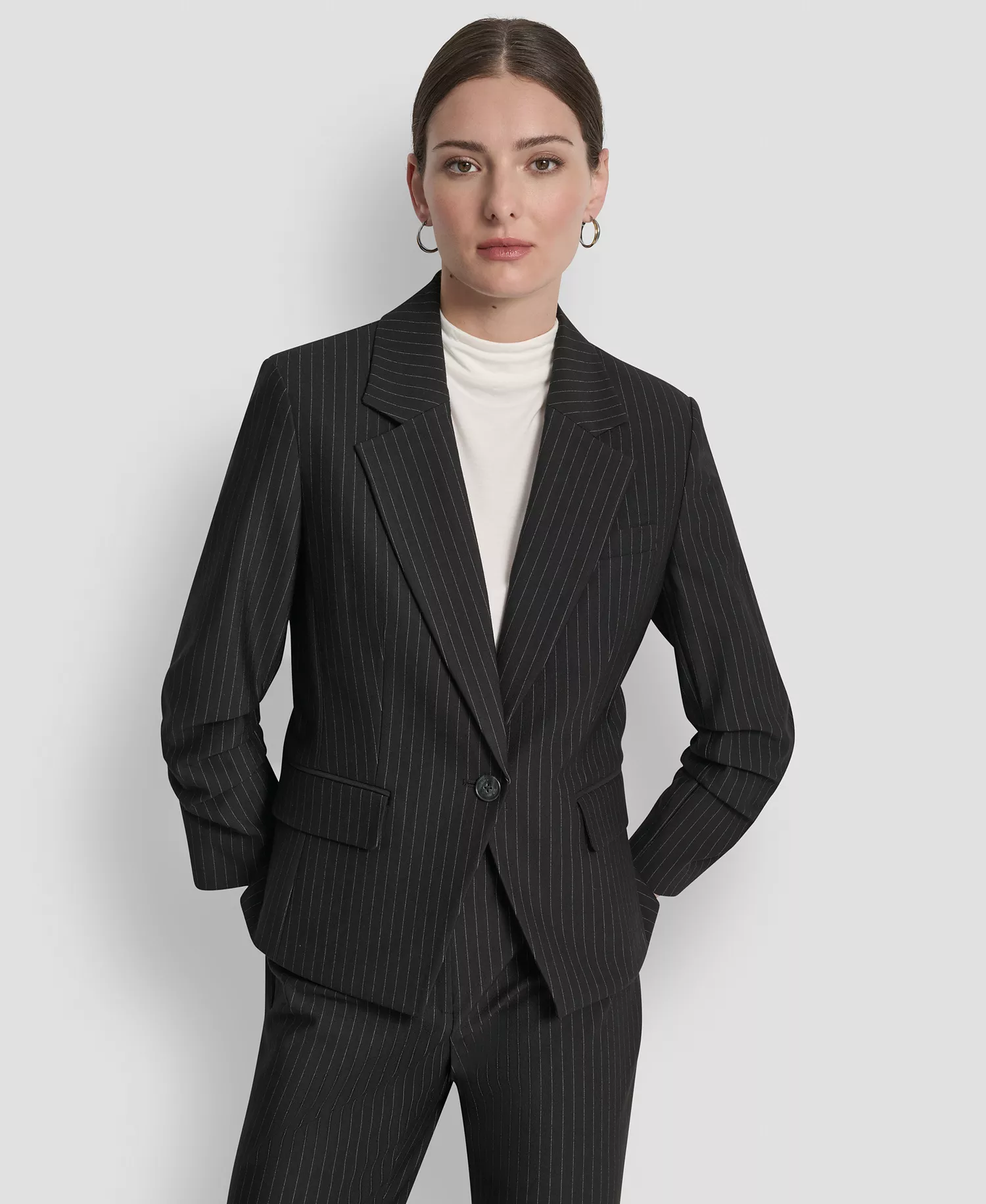 Women's Pinstripe Ruched-Sleeve One-Button Blazer - Black Pinstripe - 10