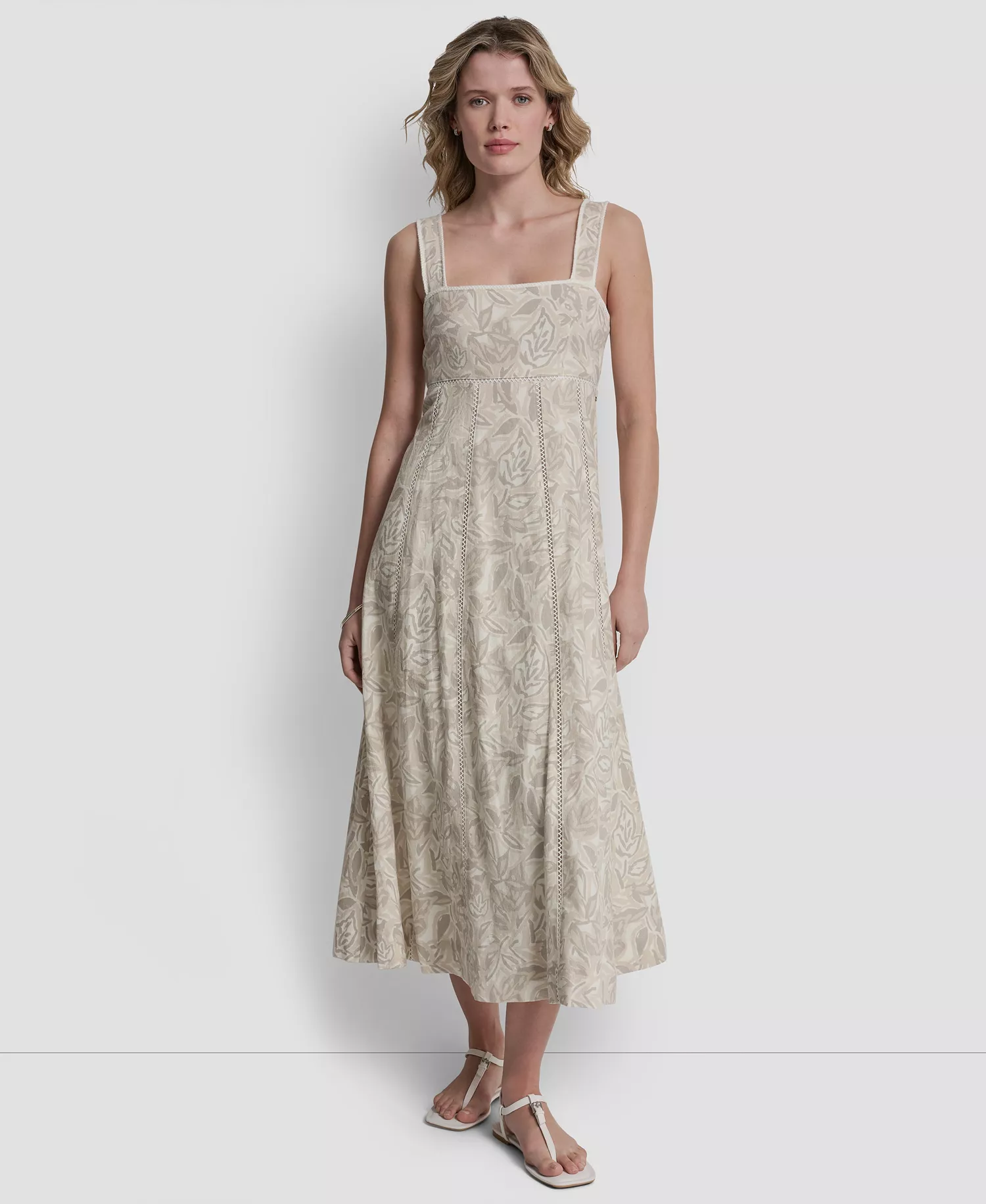 Women's Seamed Linen-Blend Tank Square Neck Dress - Cut Out Floral-pebble - L