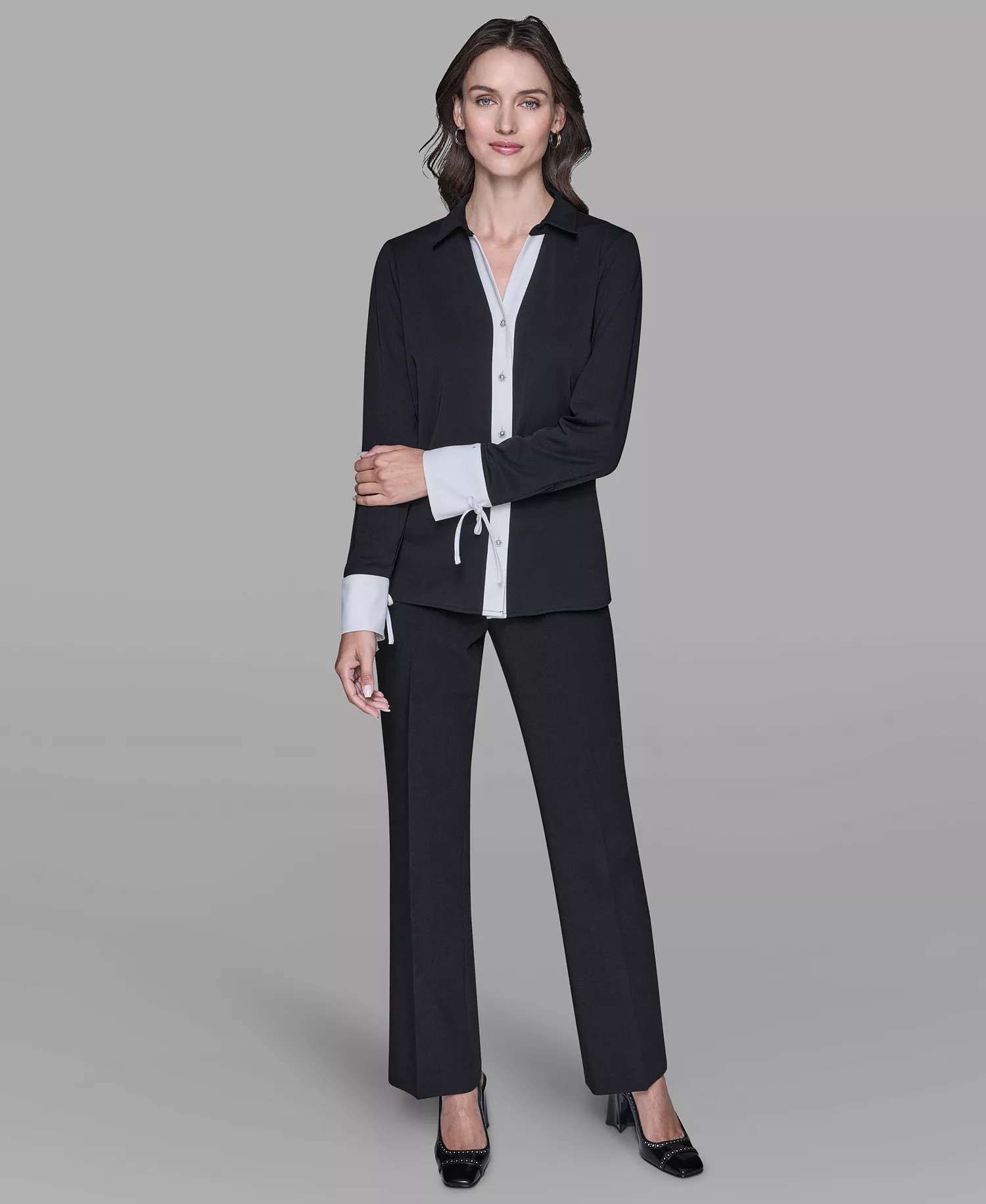 Women's Contrast Collared Top - Black/soft White - L