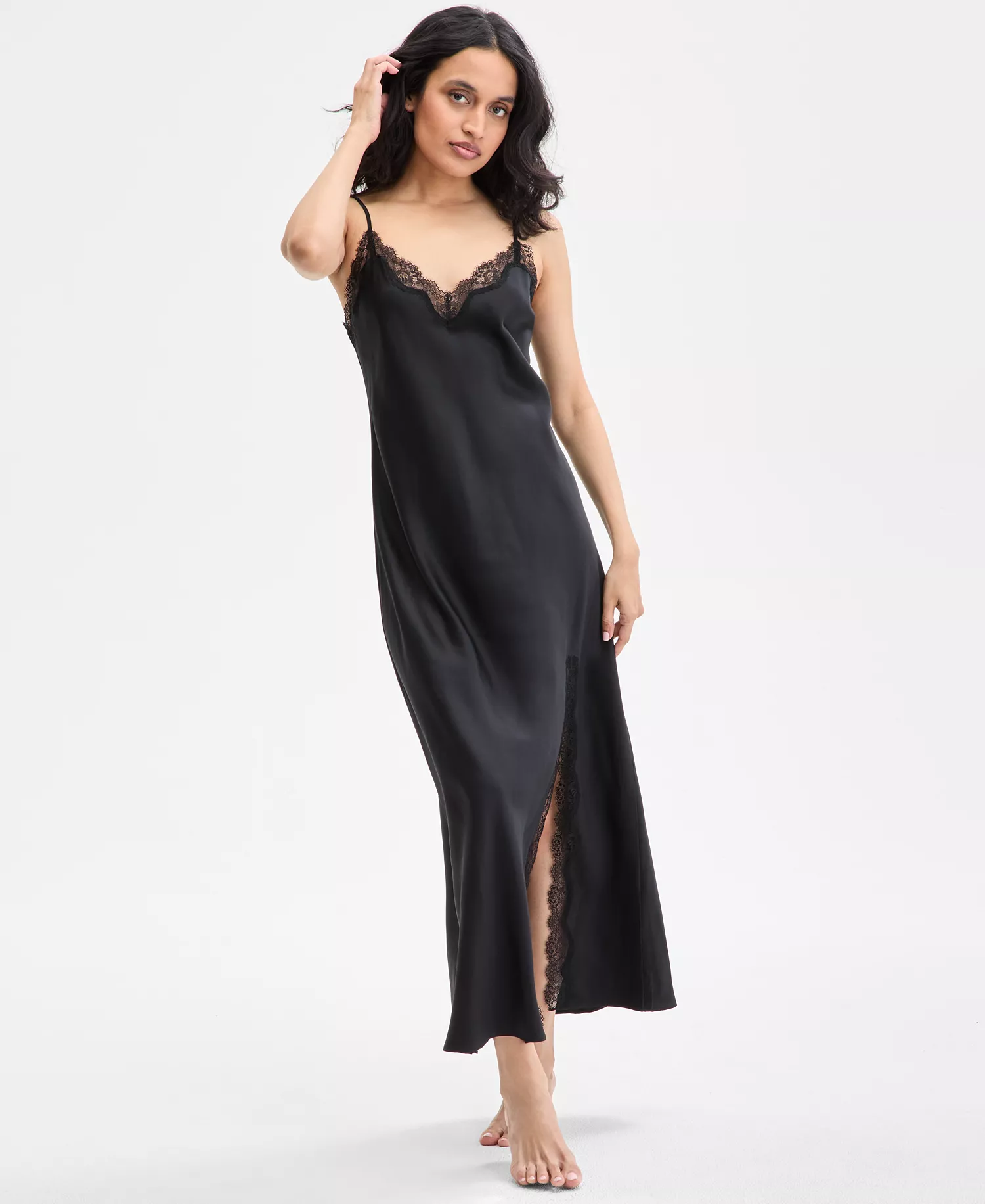 Women's Lace-Trim Satin Nightgown, Exclusively at Macy's - Deep Black - L