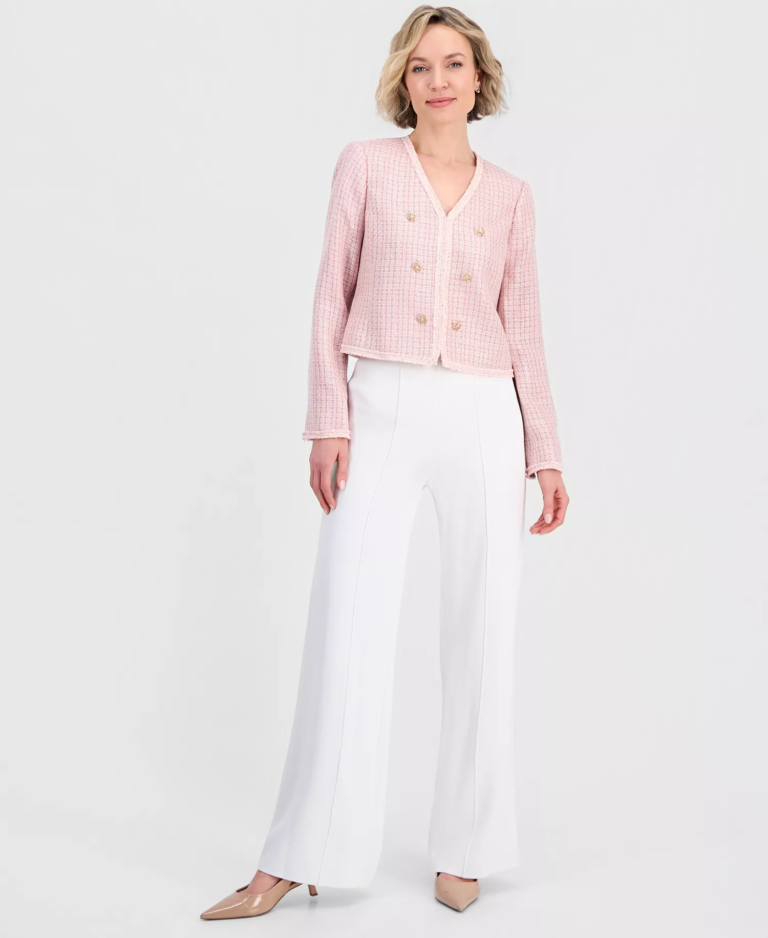 Women's V-Neck Boucle-Knit Jacket  - Slipper Pink - 10