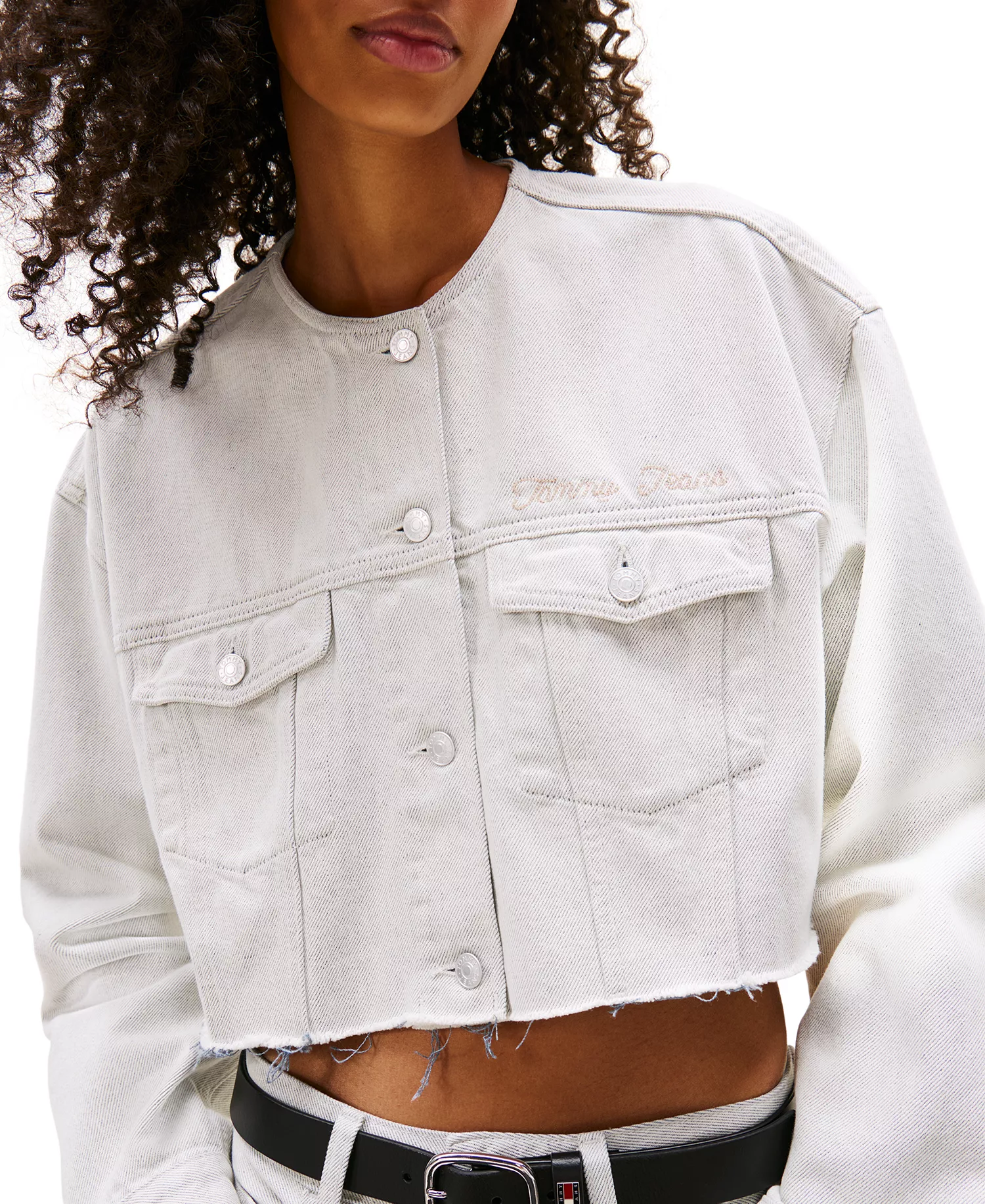Women's Oversize Collarless Crop Jacket - Denim White 01 - L