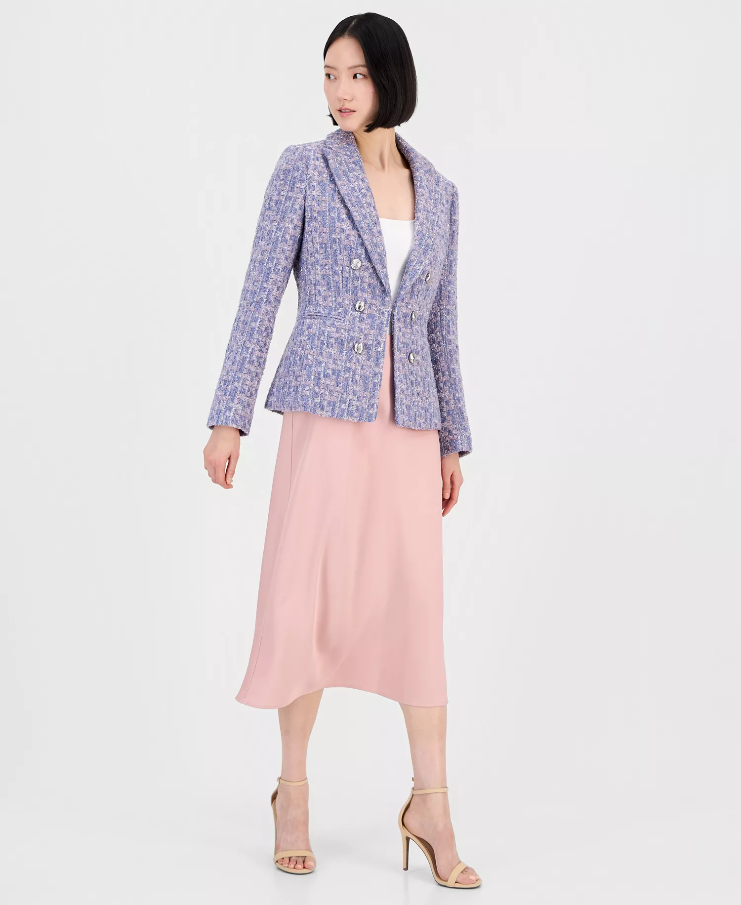 Women's Metallic Bouclé Peak Lapel Blazer - Blue Rose Silver - 10