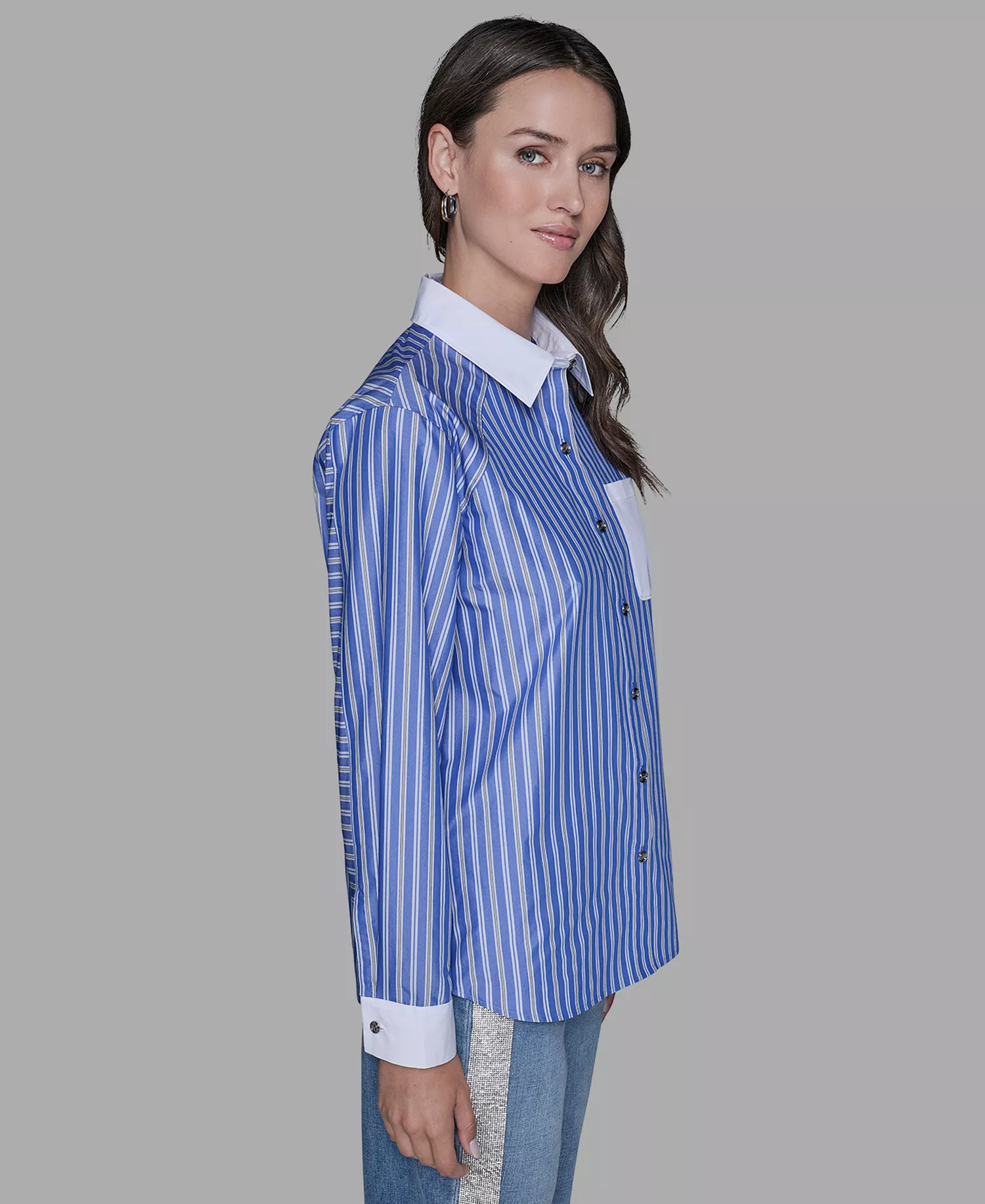 Petite Collared Stripe Long-Sleeve Shirt - French Blue Combo - P/L