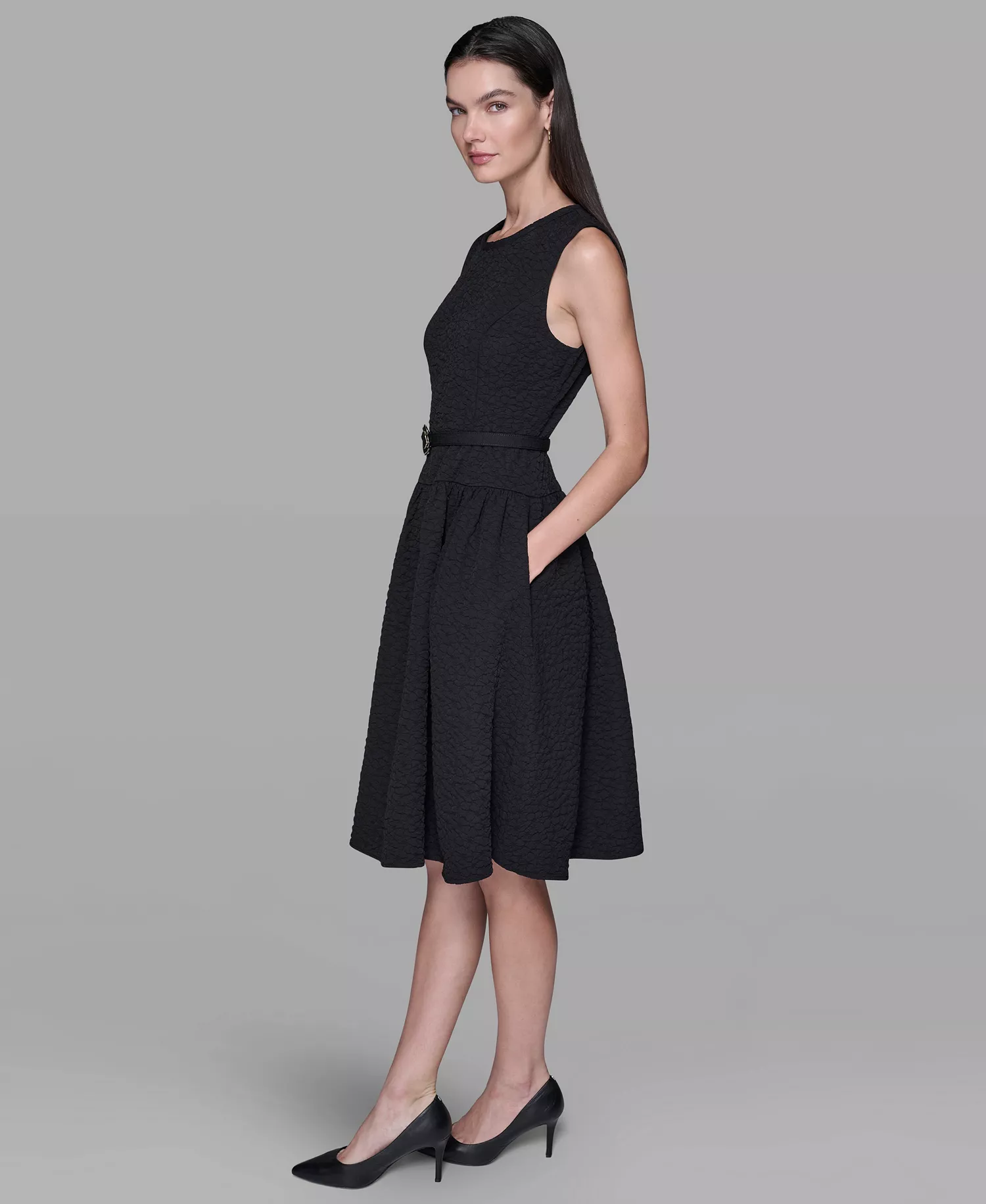 Women's Floral Crew Neck Belted Midi Dress - Black - 10