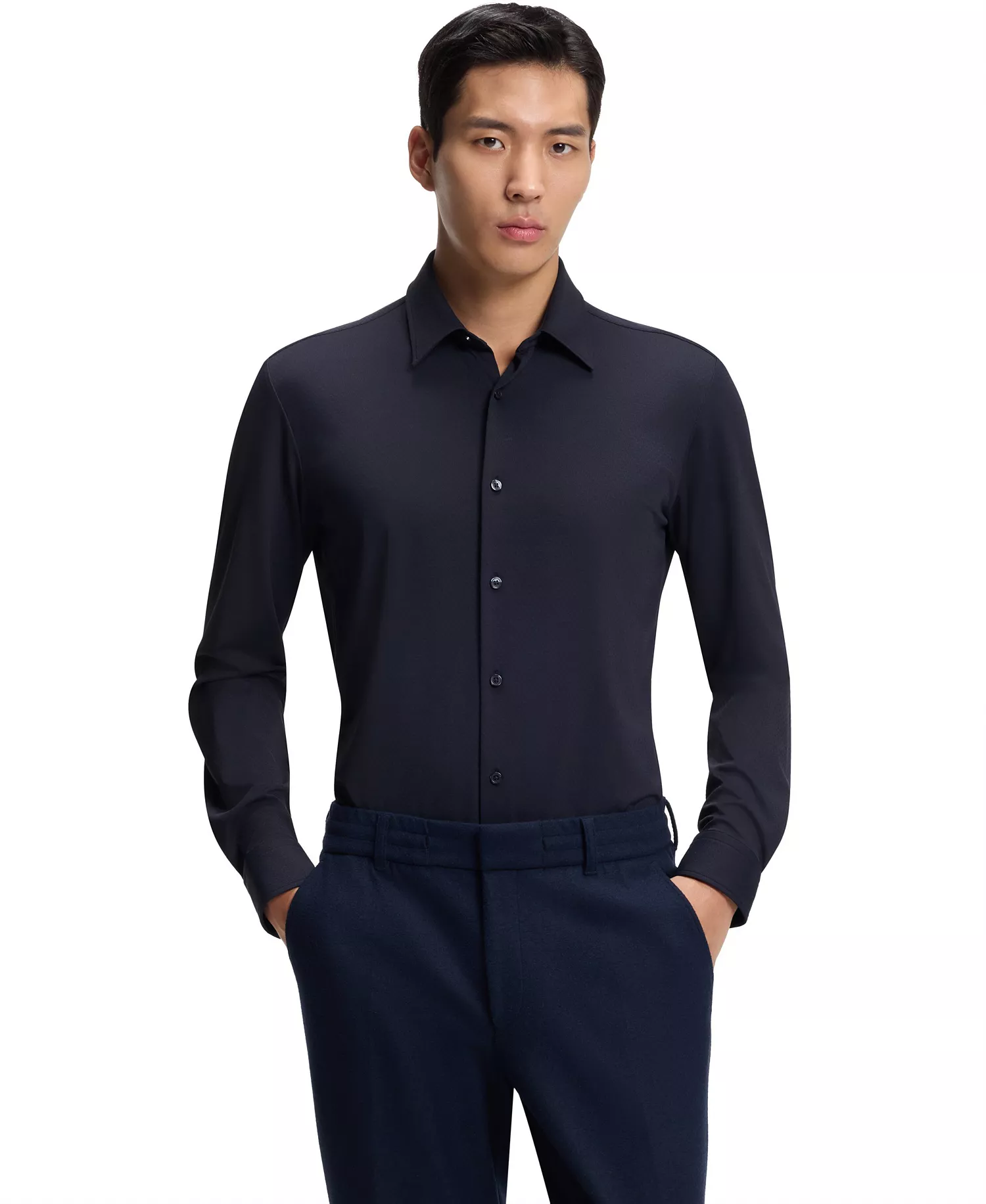 Men's Performance-Stretch Structured Jersey Slim-Fit Dress Shirt - Dark Blue - L