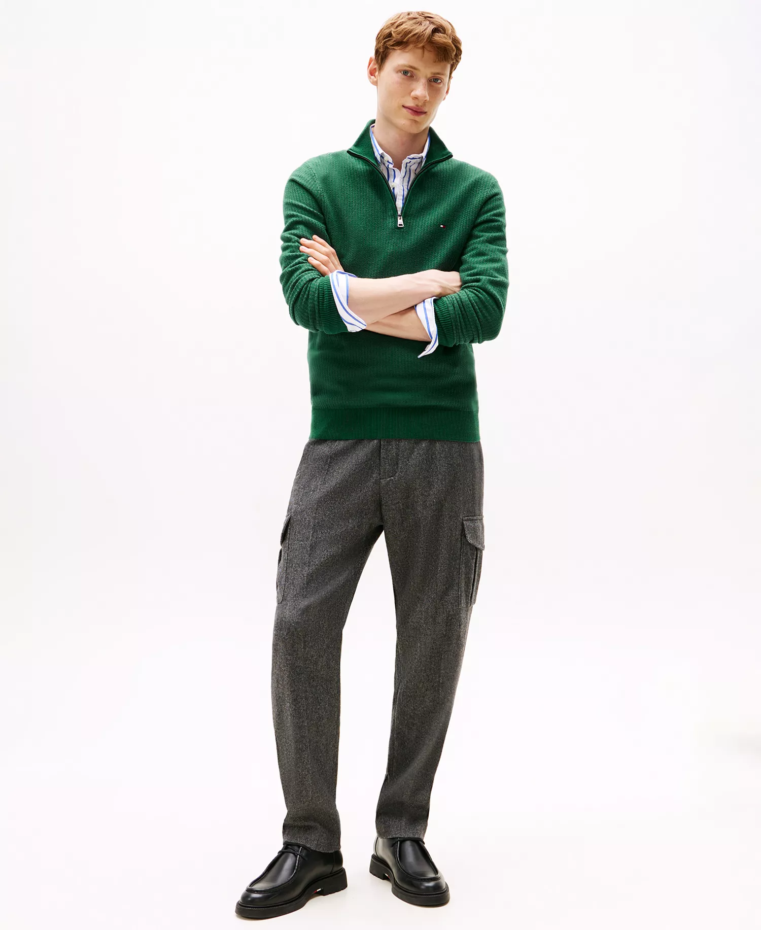 Men's Pima Cotton Cashmere Two-Tone Zip Mock Neck Sweater - Ornamental Green - L