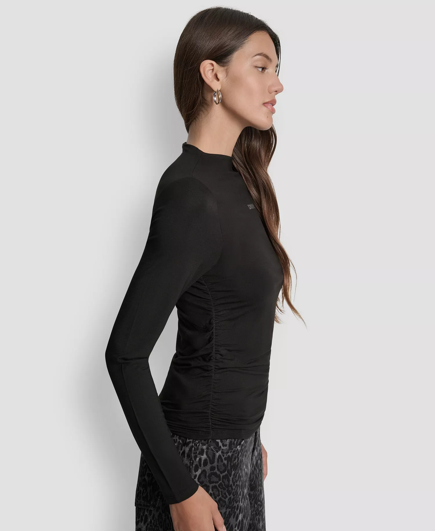 Women's Side Ruched High Neck Long Sleeve Top With Rhinestud Logo - Black/Gunmetal - L