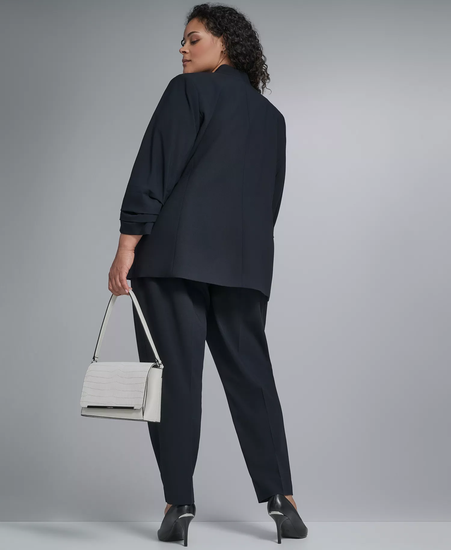 Plus Size Collarless One Button Jacket - Navy - 14W