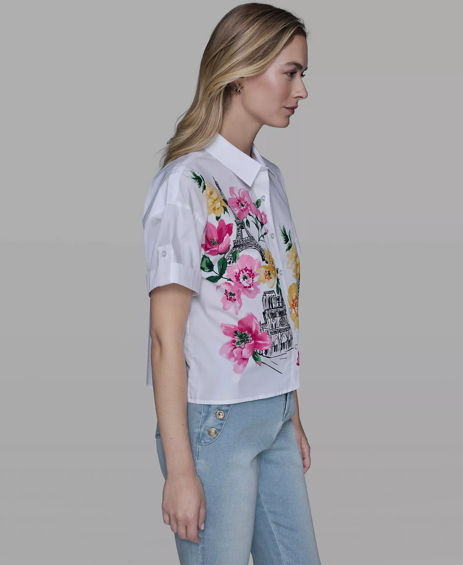 Women's Floral Collared Neck Blouse - White - L