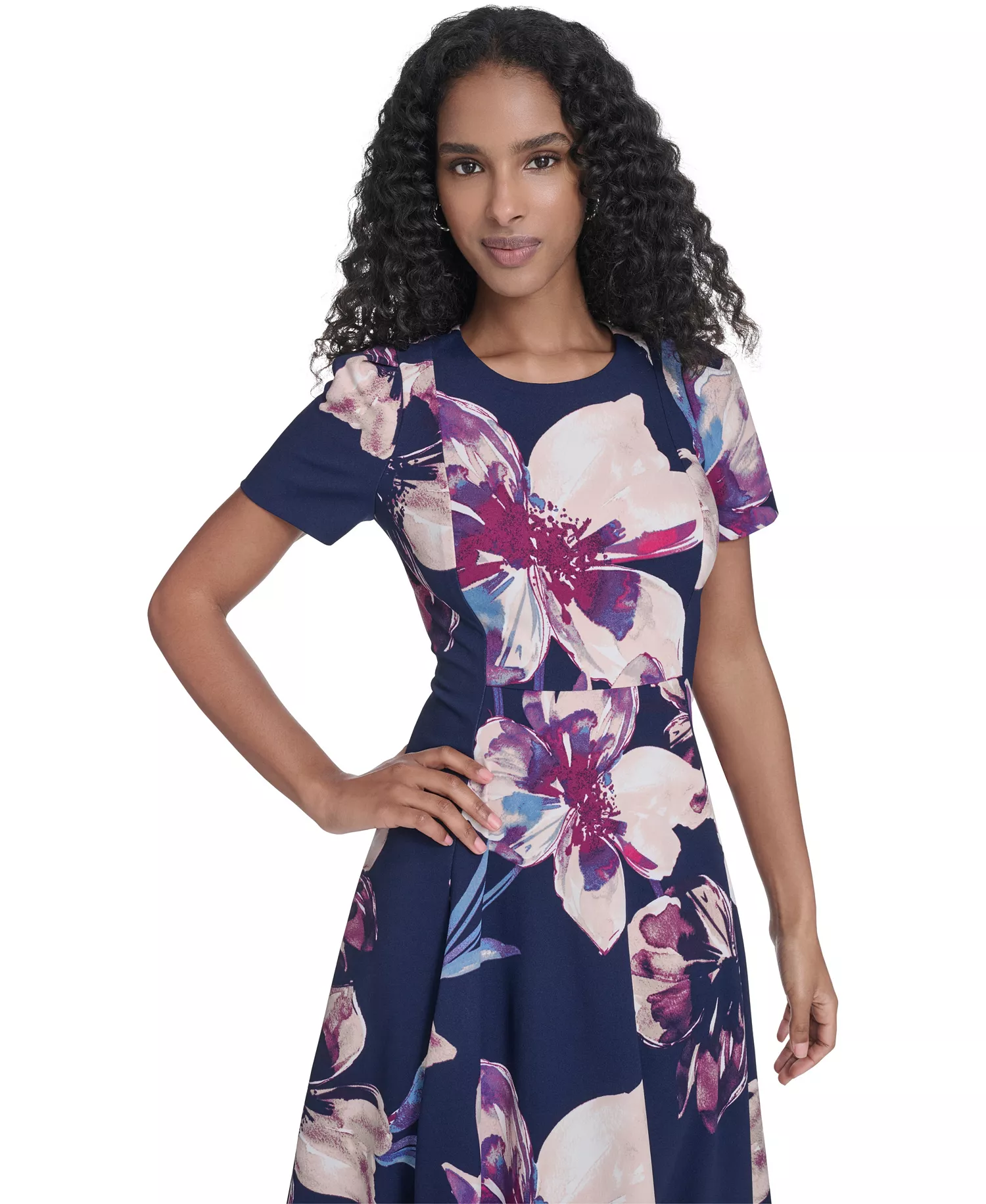 Women's Printed Crew Neck Midi Dress - Indigo Multi - 0P