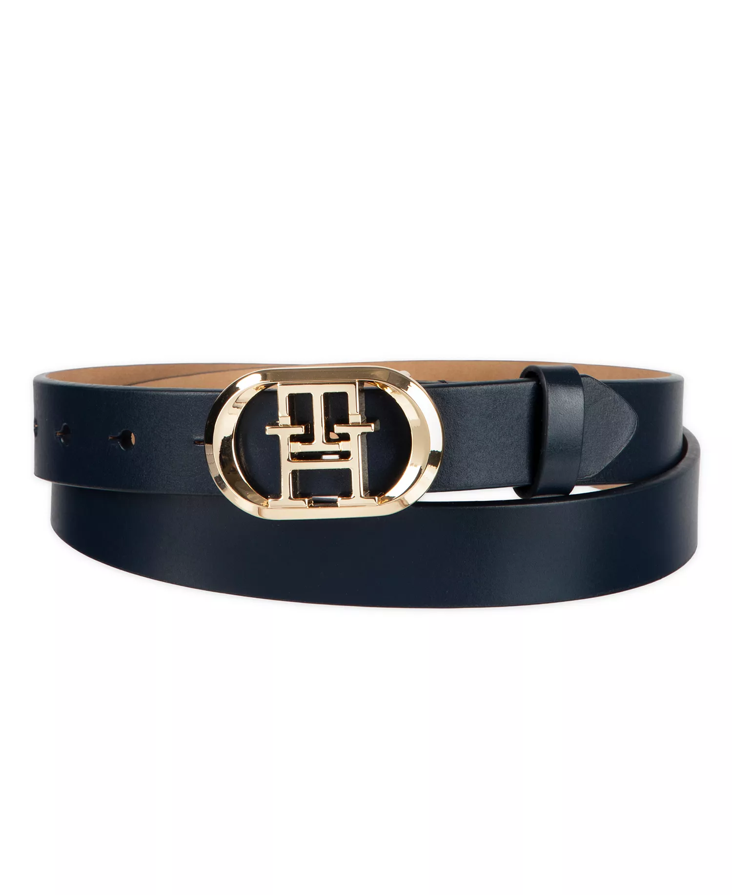 Women's Rounded Monogram Plaque Buckle Dress Belt - Navy - L