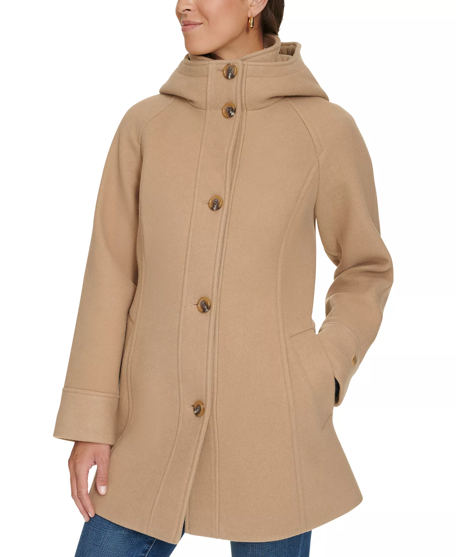 Women's Hooded Button-Front Coat, Created for Macy's - Camel - XS