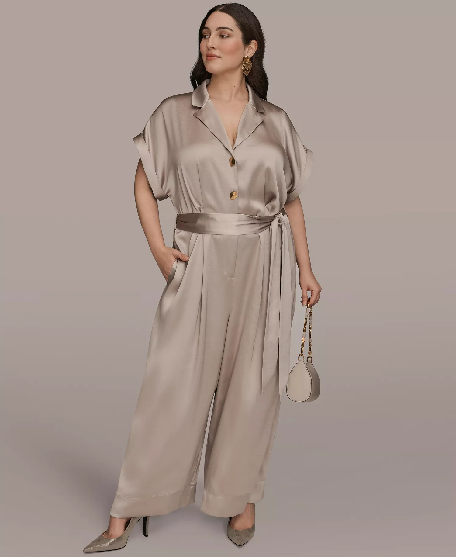 Plus Size Satin Collared Jumpsuit - Vapor - 14W