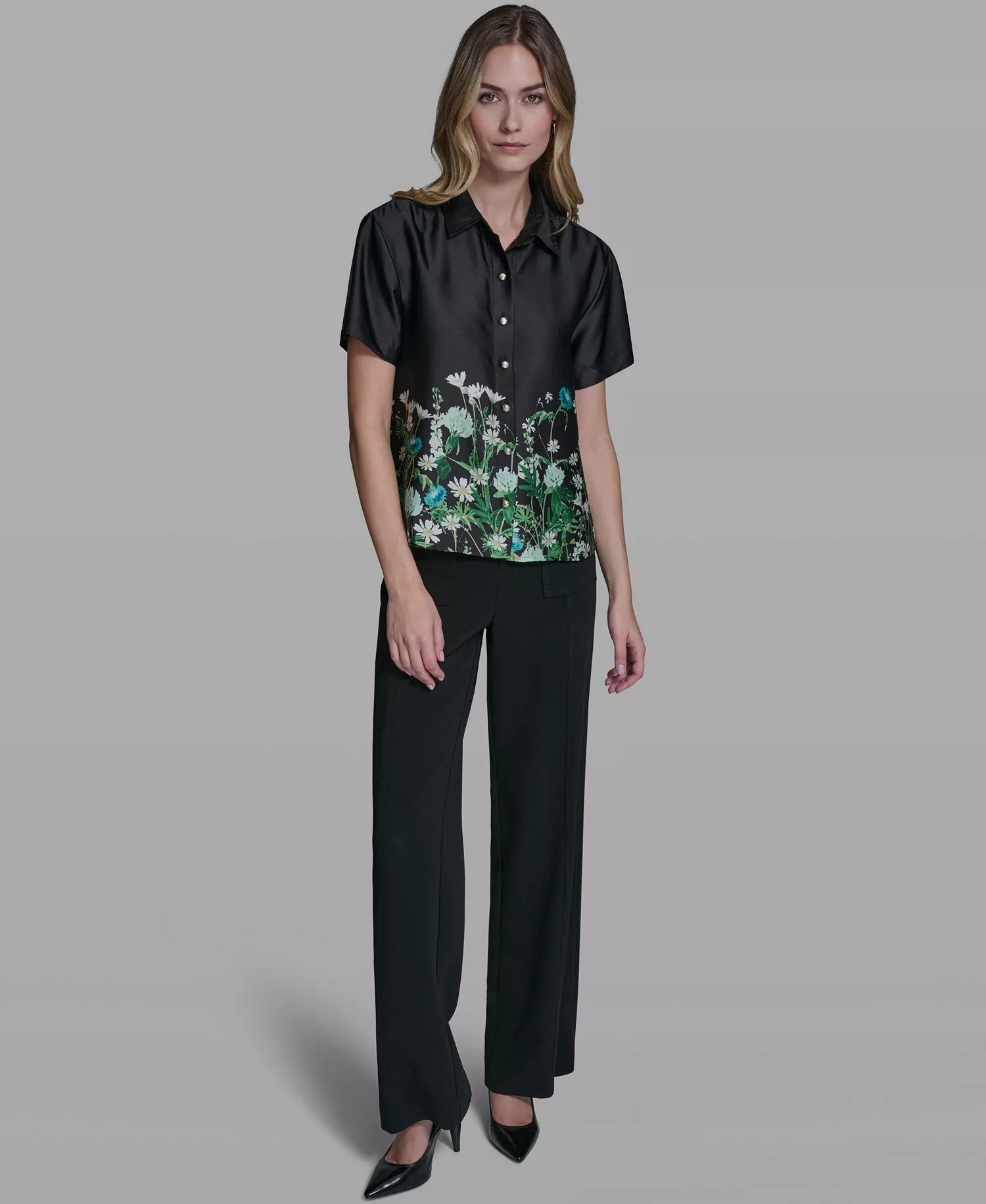 Women's Printed Floral Camp Shirt - Black Combo - L