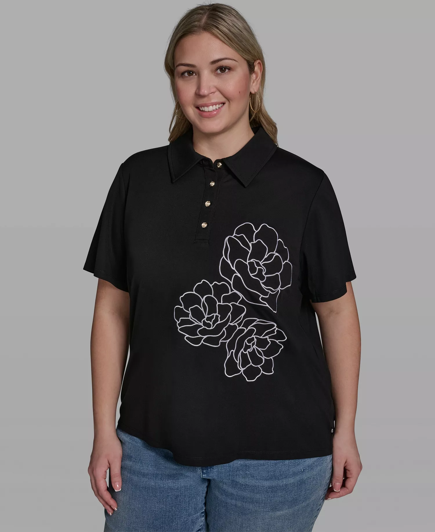 Plus Size Floral Polo Short-Sleeve Top - Black - 0X