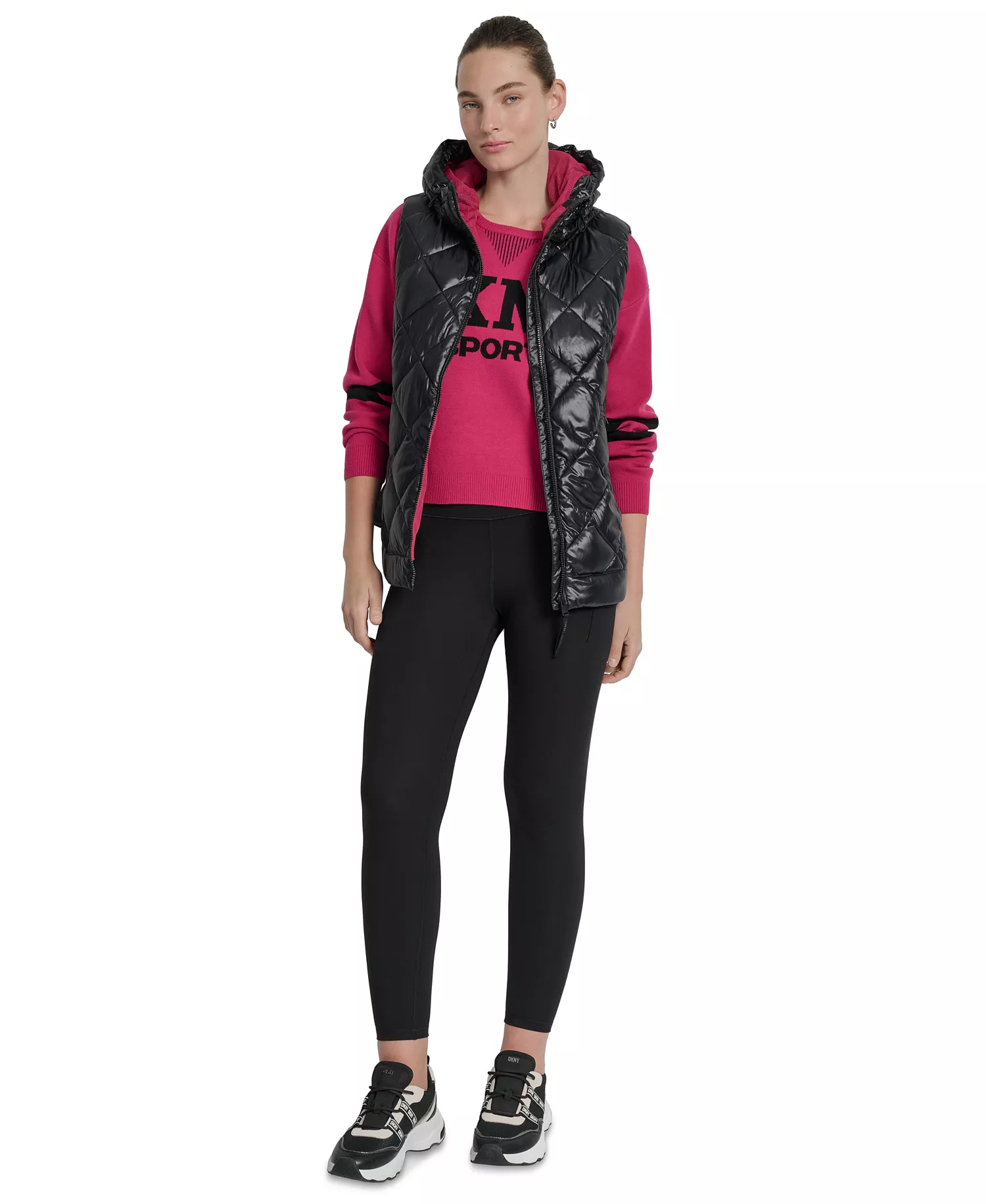 Women's Quilted Curved-Hem Hooded Vest - Metallic Black/wild Berry - L