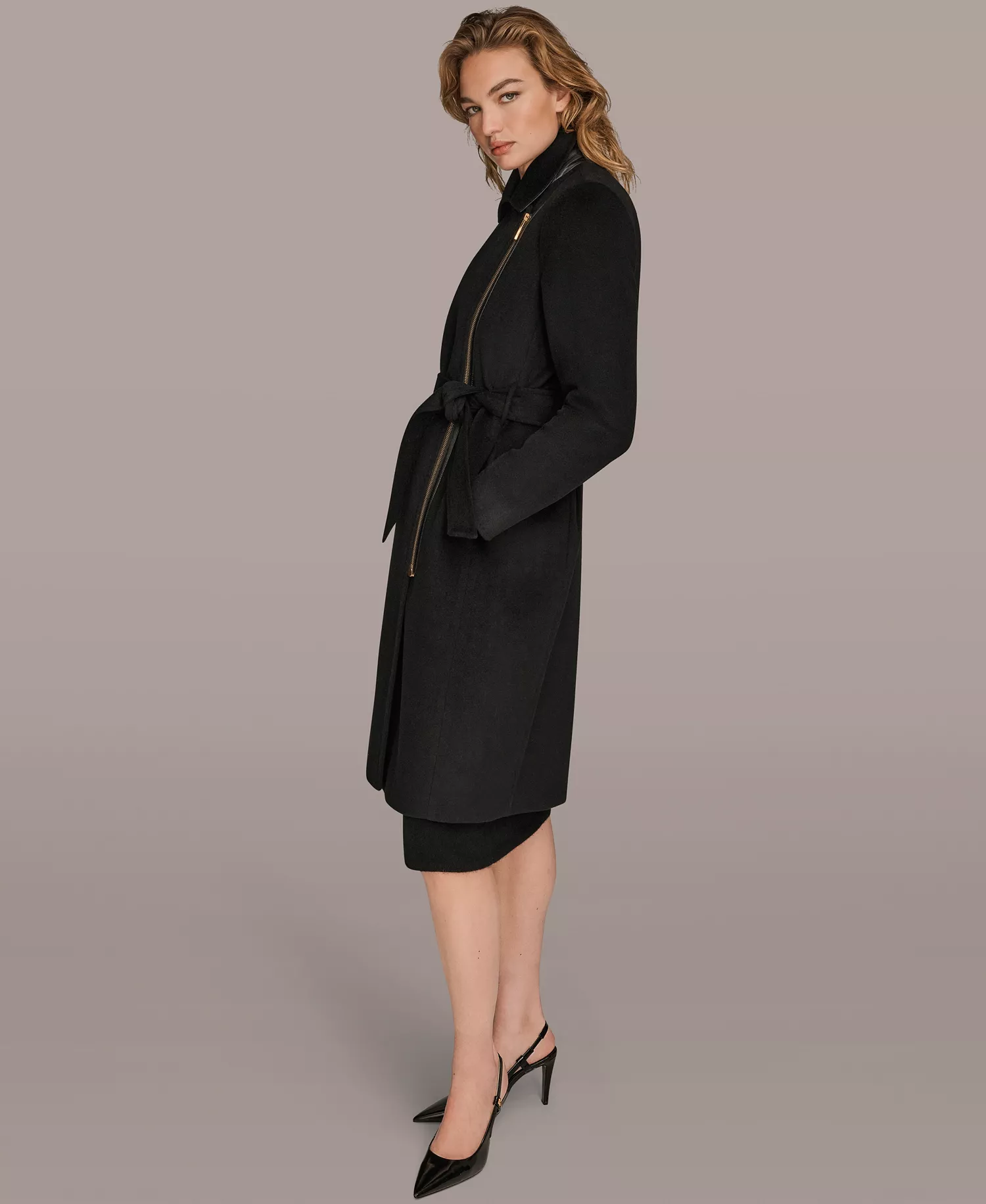 Women's Notch Collared Belted Coat - Black - L