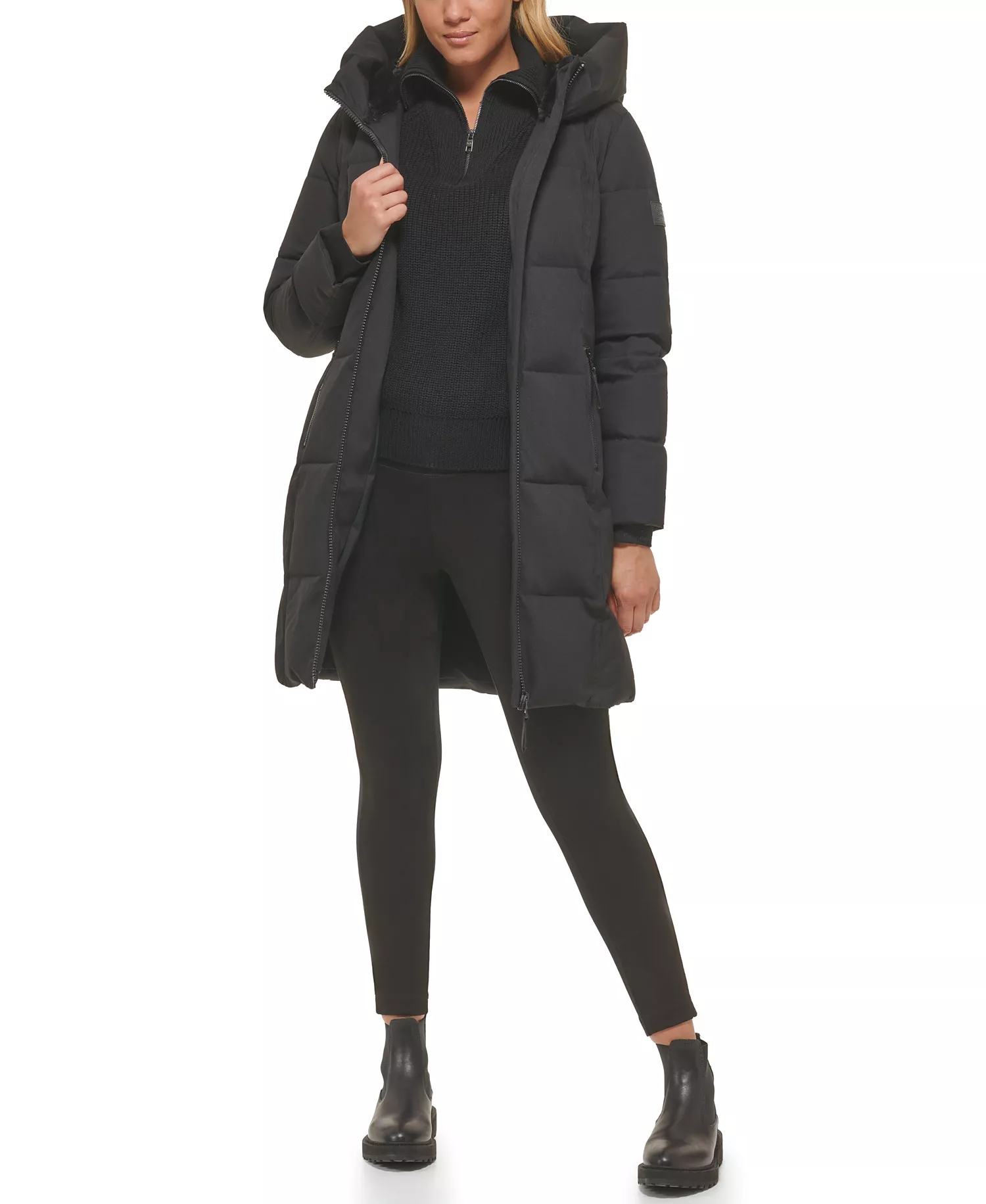 Women's Stand Collar Hooded Puffer Coat - Black - L