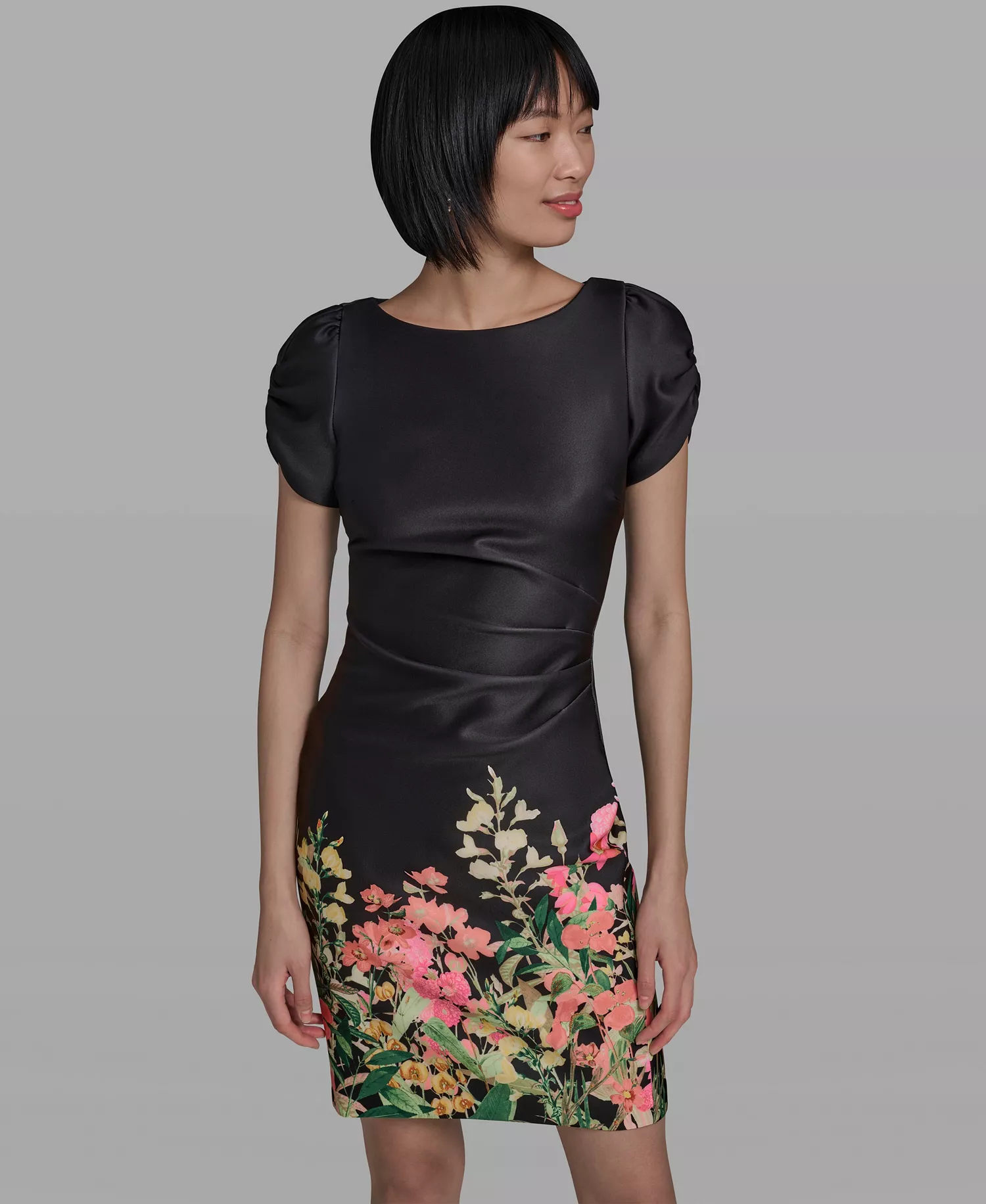 Women's Short-Sleeve Floral Border Hem Sheath Dress - Black Multi - 0