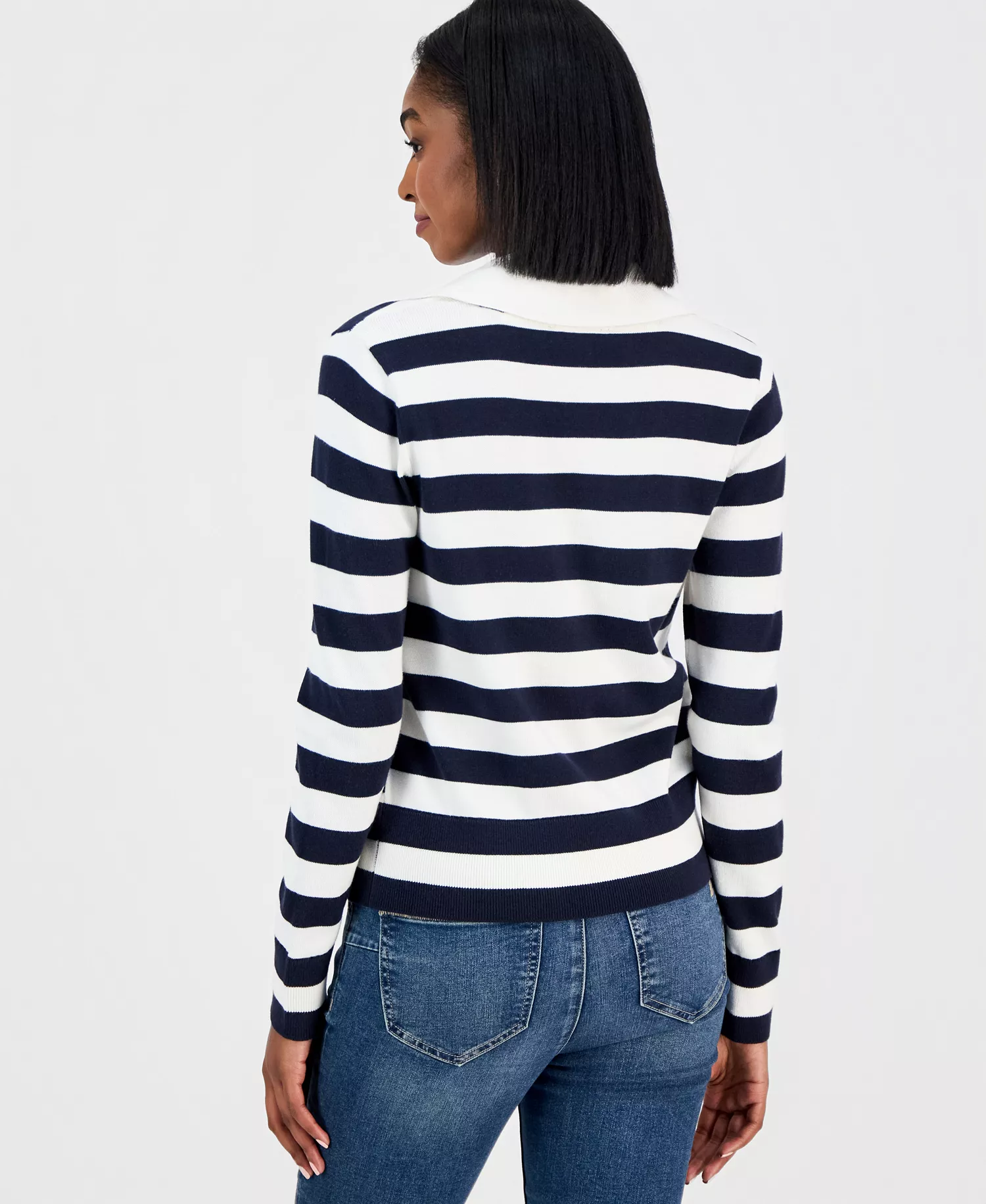 Nautica Women's Contrast-Collar Stripe Sweater  - Night Sky/ Ivory - L