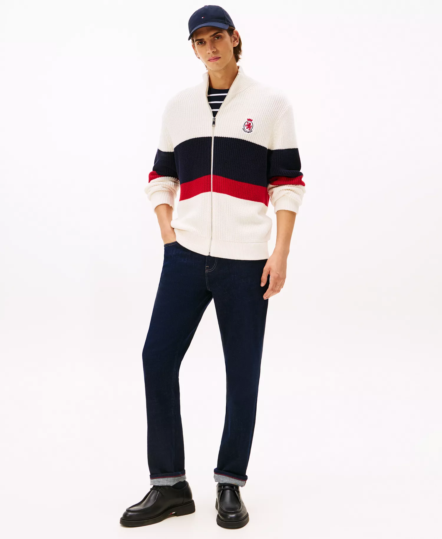 Men's Crest Logo Patch Zip-Through Stripe Sweater - Ivory Petal - L