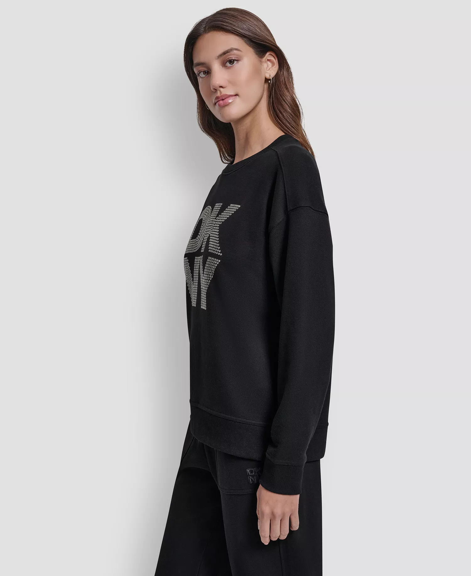 Women's Rhinestone Logo Cotton Crewneck Sweatshirt - Black/Smoke Silver - L