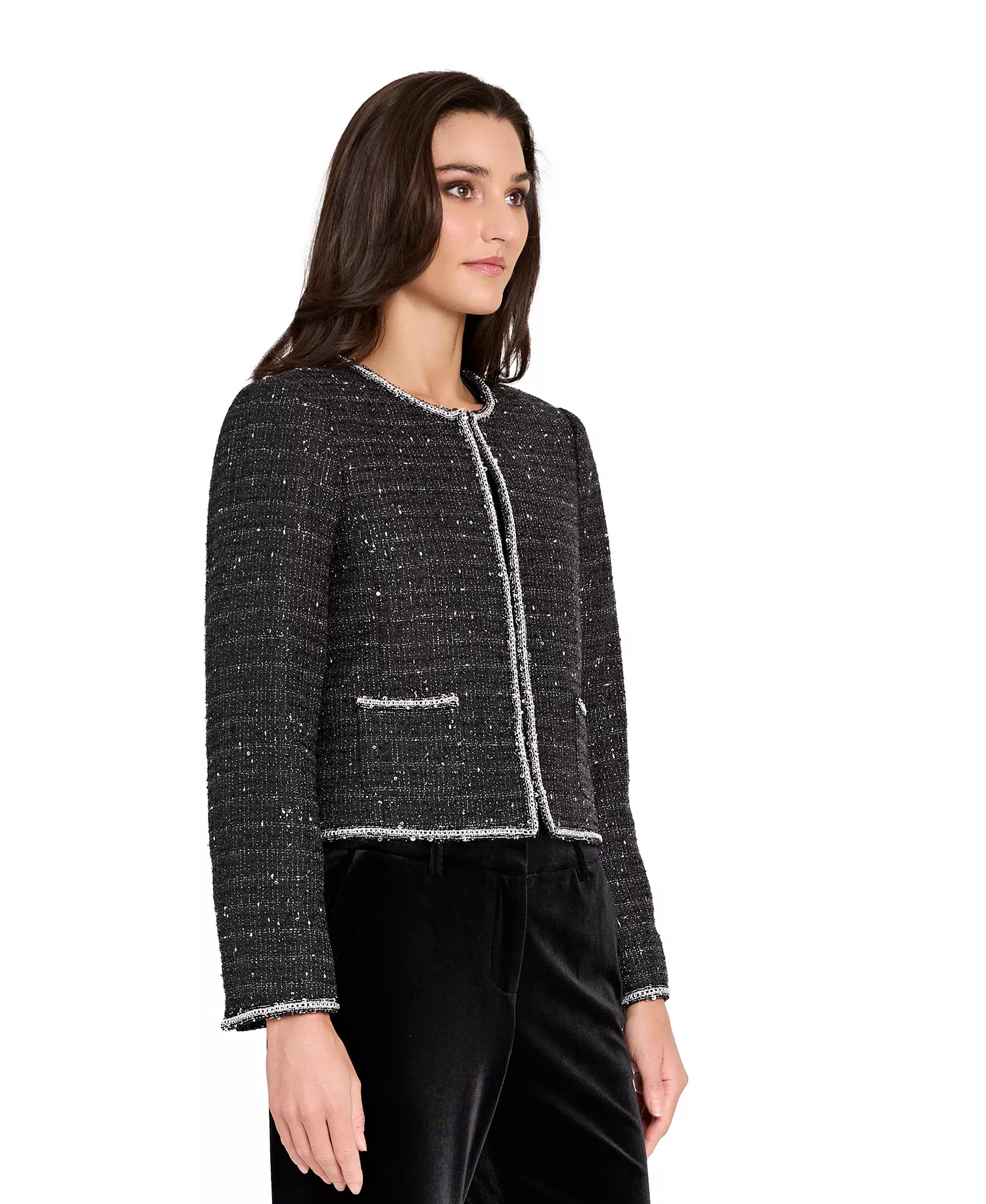 Women's Crewneck Hook & Eye Rhinestone Embellished Jacket - Black Silver - 10