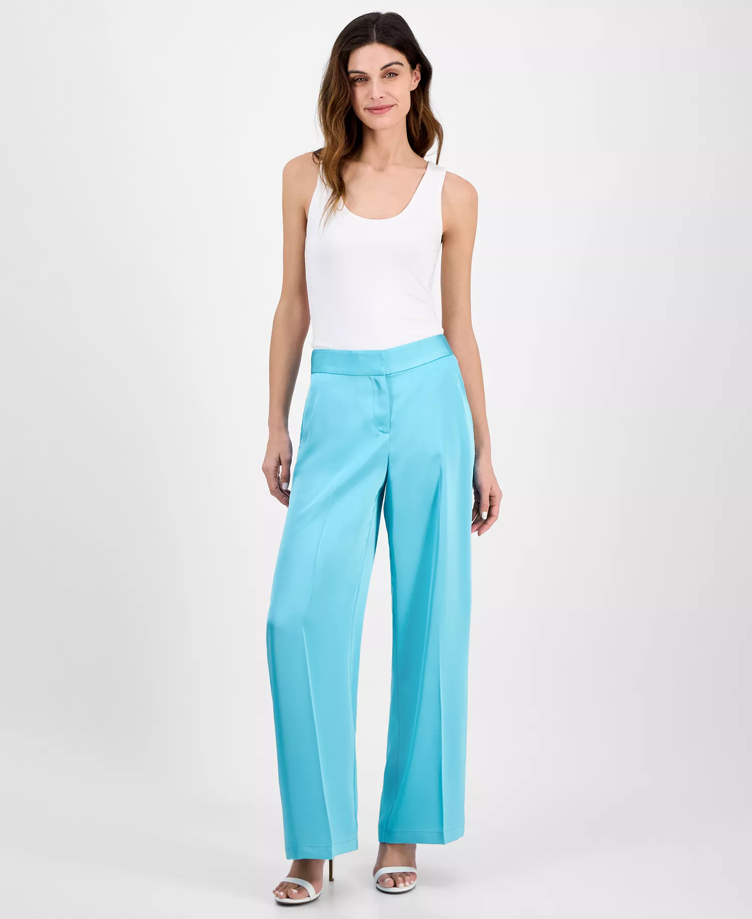 Women's Satin Mid-Rise Wide-Leg Pants - Turquoise - 18