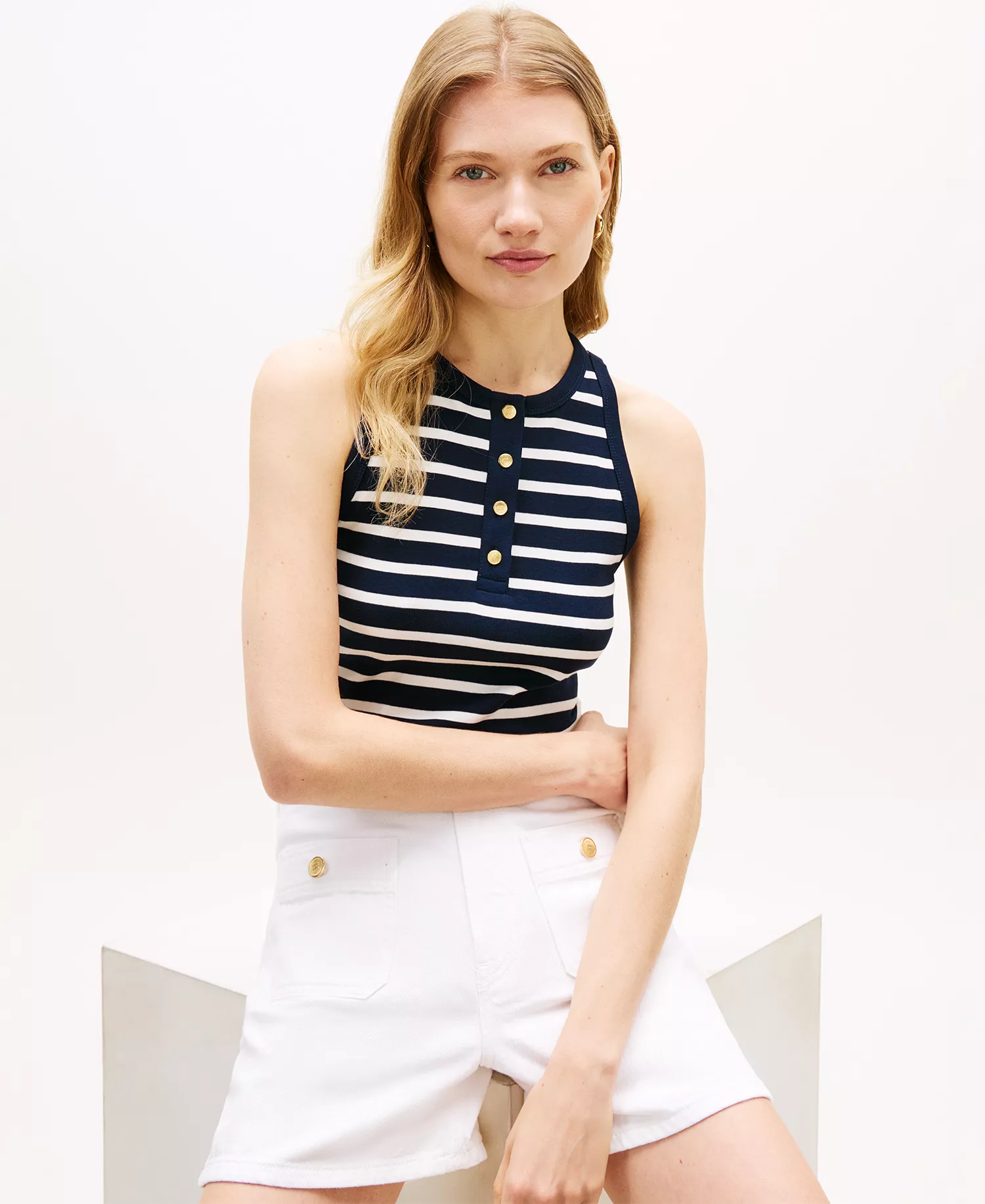 Women's Gold-Tone Button Tank Top - Black Stripe - L