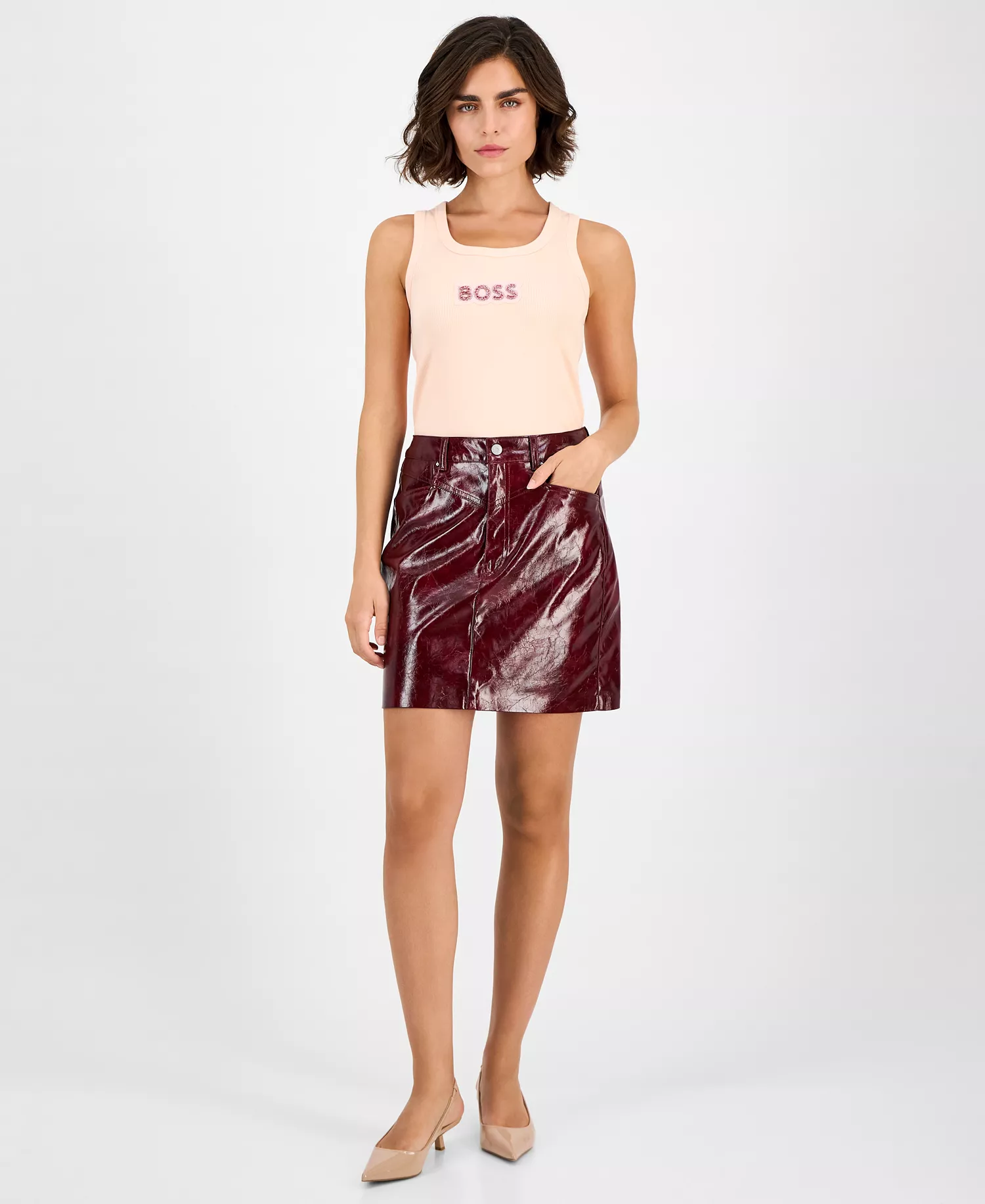 Women's Patent Faux-Leather Mini Skirt - Dark Red - 10