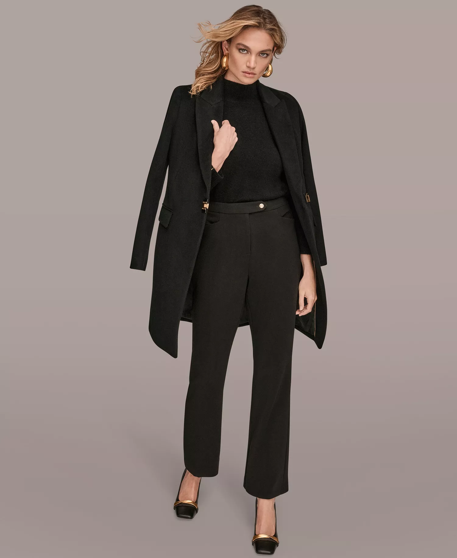 Women's Buttoned Notch Collared Coat - Black - L