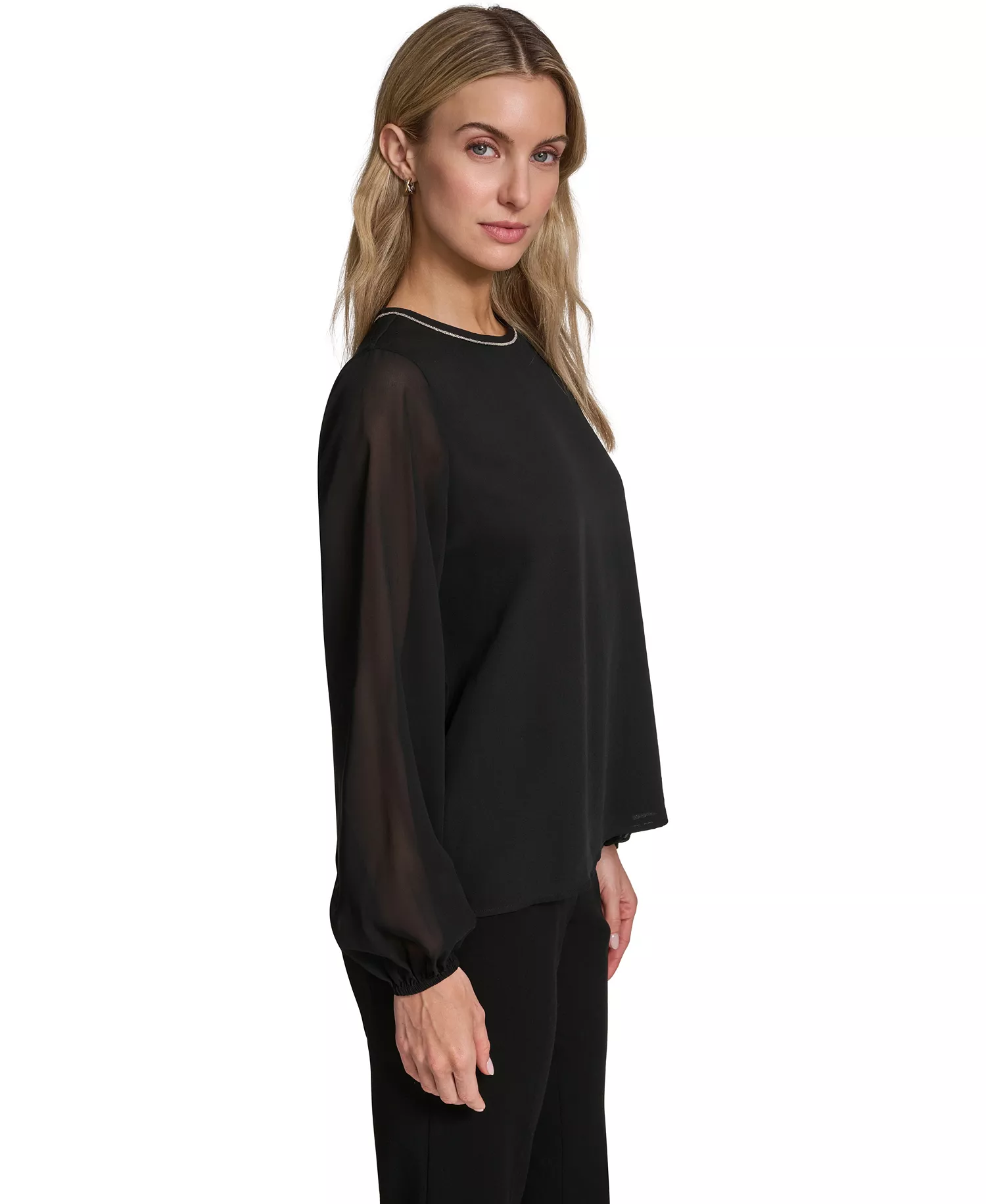 Women's Mixed Media Novelty Trim Top - Black - L