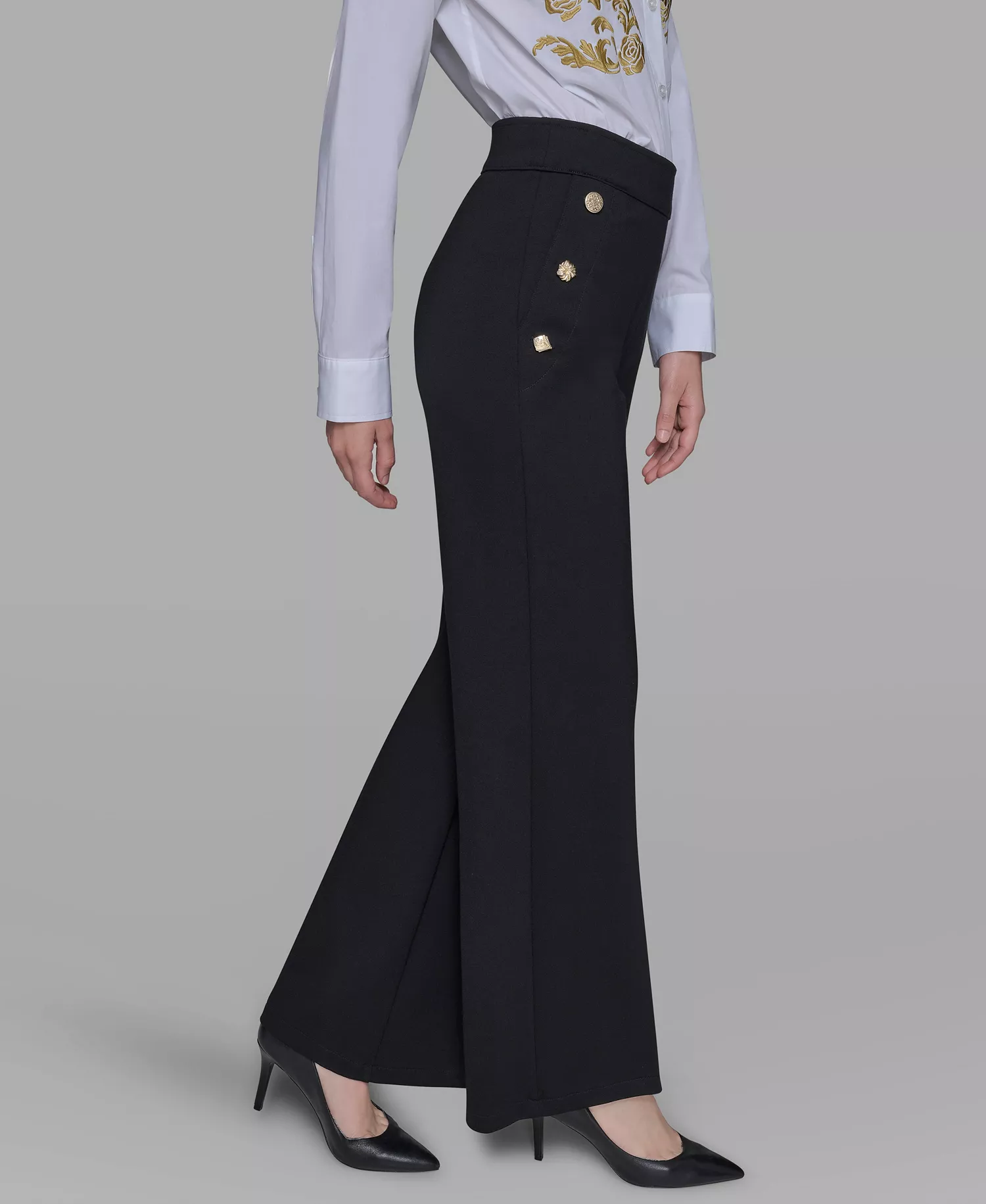 Women's Side-Button Wide-Leg Ponte Pants - Black - L - Regular